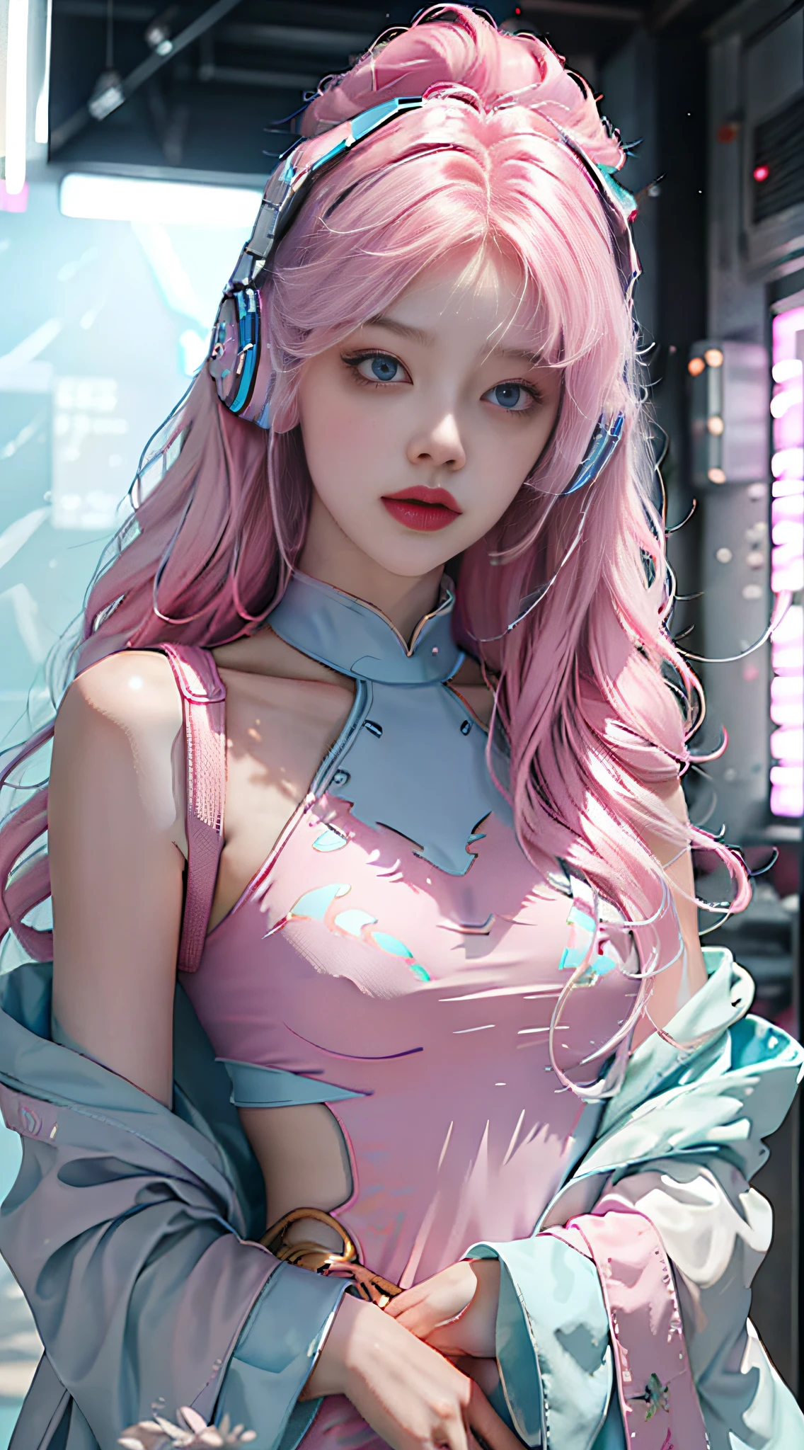 one-girl，Long light blue-pink hair slightly curled，Messy long hair，blue color eyes，Bring headphones，Rainbow，cyber punk perssonage，The environment is simple，Meticulous facial features，8K，hyper HD，the detail（1：2），cinematric light，Sideslit，warm lights，looking at viewert，鎖骨，Shoulders exposed，Blackn clothes，复杂，Rich in graphics，cruel