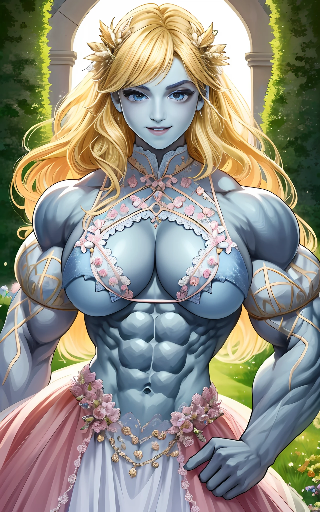 (1girll), huge tit, Breasts, Conque, Moisturizes skin, ,trpical garden , Fairy princess dress，Embellished with delicate lace and sparkling gemstones    ， teens girl,realistic illumination，top Quority，8K，tmasterpiece,Muscular female,Muscular,Abs,(Blonde hair), (Blue skin:1.4),