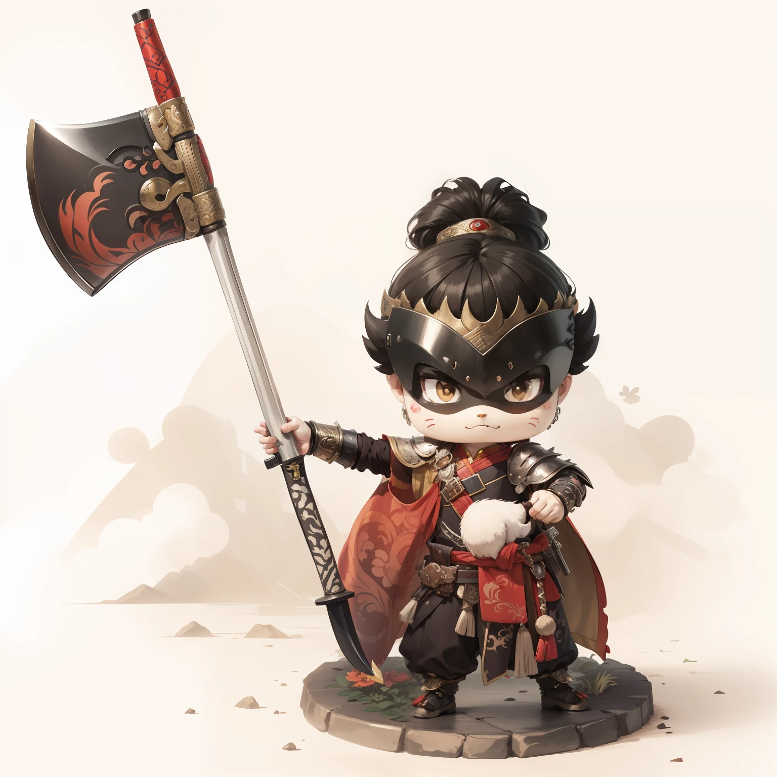 male people,Male characters,tchibi,Bad,Arms,Axe weapons,Ancient Chinese weapons,The handle has a delicate pattern,Shoulder blades,metal breastplate,chainmail,Animal pattern cuirass,chest plate,Bracers,Flowing hem,China-style,Chinese-style clothing,Chinese shoes,There are beautiful patterns on the weapon grips,Refinement,Fine painting,Refinement,infinite details,high definition detail,Patterned,Pattern,Blank background,Bright colors,Metal edging