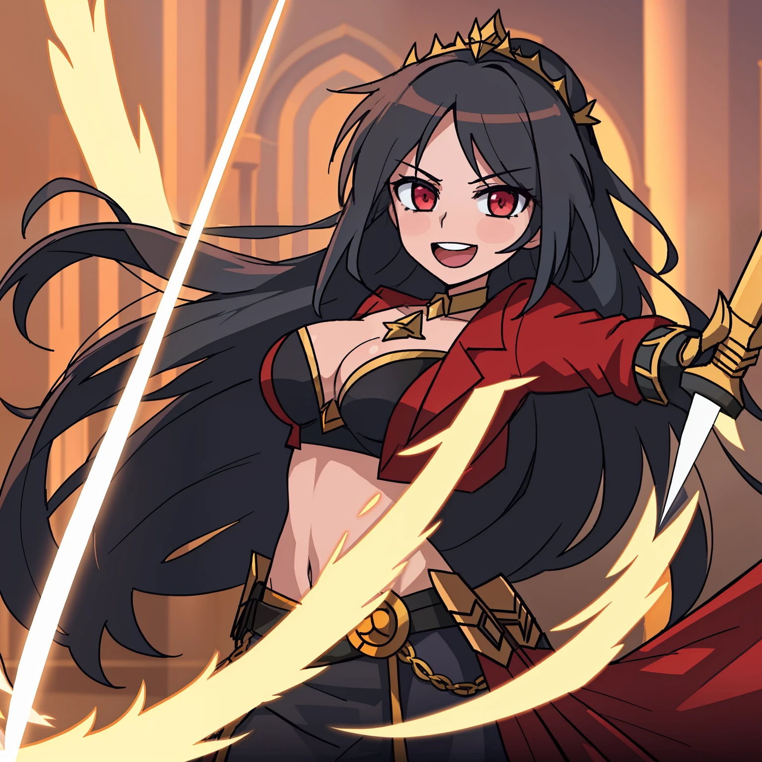 1girl, irelia \(League of Legends\), fondo rosa, cabello negro, sonrisa ligera, perfect ilumination, swords, battle scenary