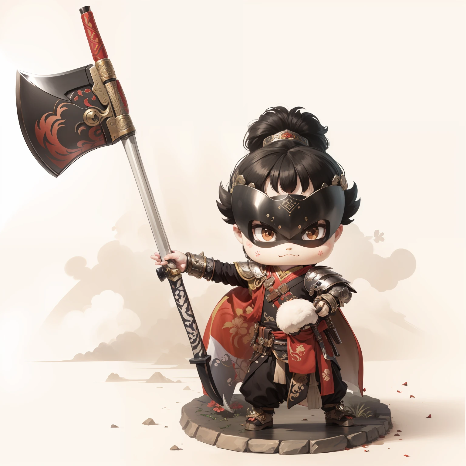 male people,Male characters,tchibi,Bad,Arms,Axe weapons,Ancient Chinese weapons,The handle has a delicate pattern,Shoulder blades,metal breastplate,chainmail,Animal pattern cuirass,chest plate,Bracers,Flowing hem,China-style,Chinese-style clothing,Chinese shoes,There are beautiful patterns on the weapon grips,Refinement,Fine painting,Refinement,infinite details,high definition detail,Patterned,Pattern,Blank background,Bright colors,Metal edging
