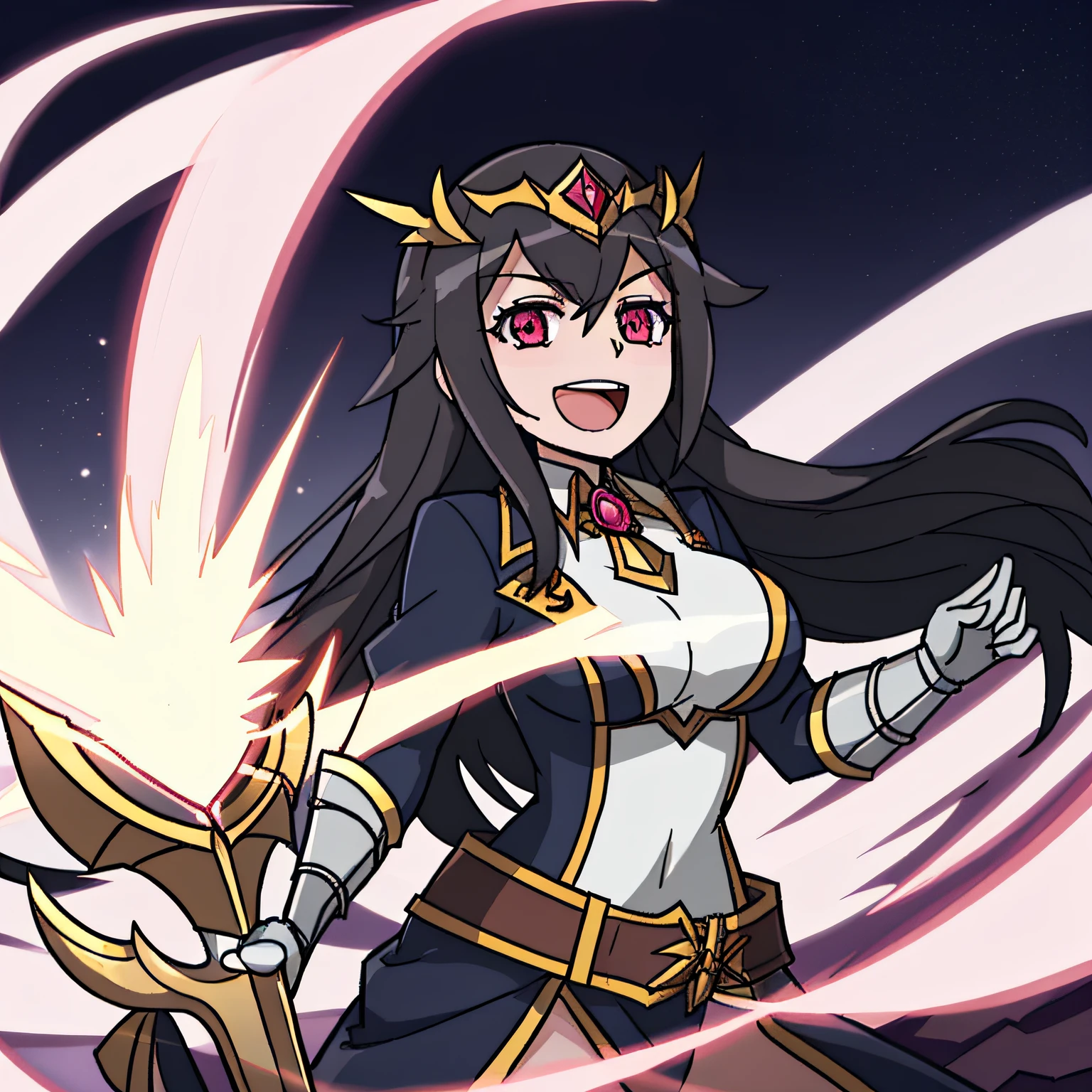1girl, irelia \(League of Legends\), fondo rosa, cabello negro, sonrisa ligera, perfect ilumination, swords, battle scenary