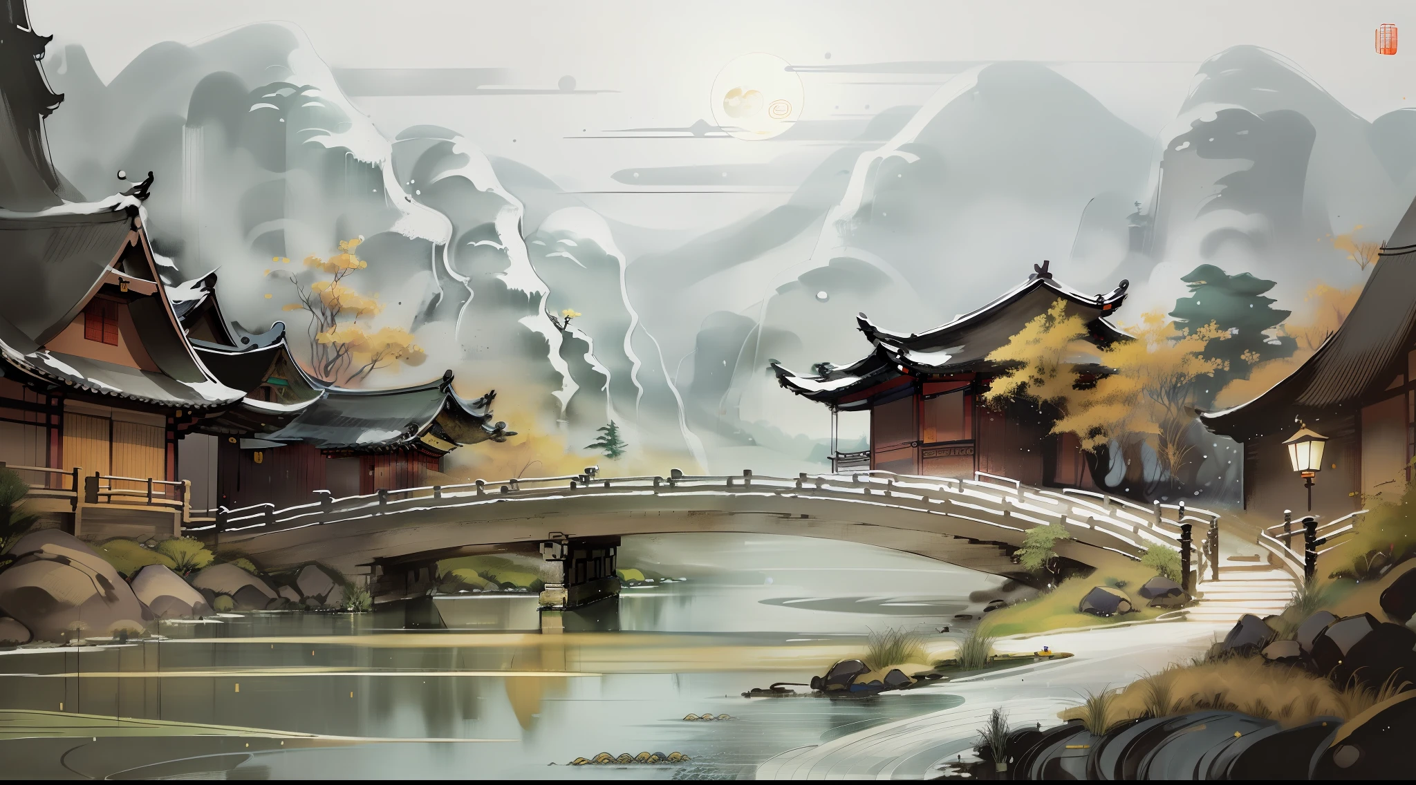 masterpiece,best quality,Chinese martial arts style,an snowing asian night scene with lanterns and water lilies,asian pond with many lanterns and boatsa night scene with many lights and boats in the water, snowflakes ,Lake surface, lotus flowers,beautiful night scene,(((Chinese martial arts style))), with vast sky, continuous mountains and steep cliffs, ink wash style, outline light, atmospheric atmosphere, depth of field, mist rising, bamboo, pine trees, octagonal stone pavilion, waterfall flowing water,big full moon,(No color) , Monochrome, light color,