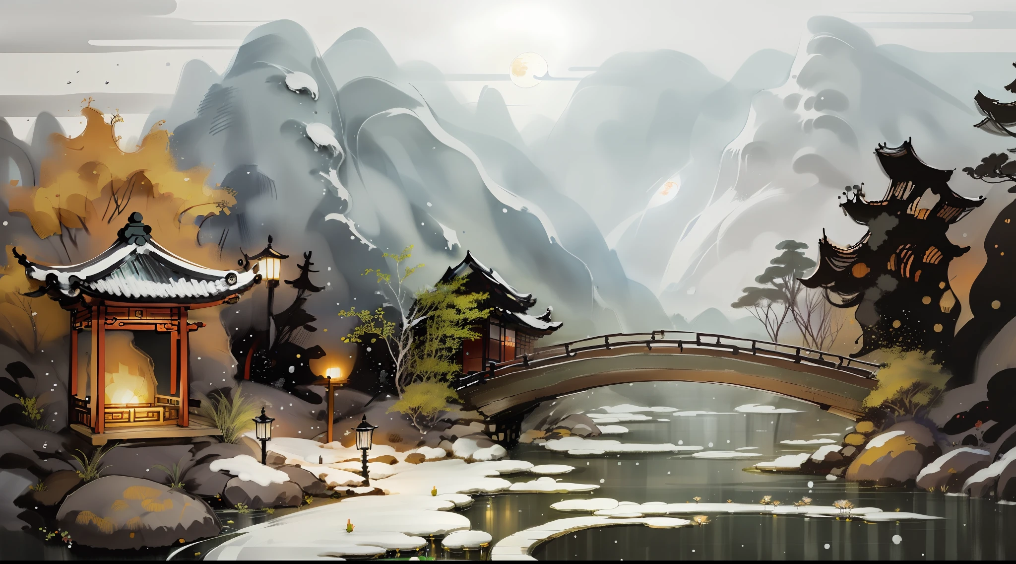 masterpiece,best quality,Chinese martial arts style,an snowing asian night scene with lanterns and water lilies,asian pond with many lanterns and boatsa night scene with many lights and boats in the water, snowflakes ,Lake surface, lotus flowers,beautiful night scene,(((Chinese martial arts style))), with vast sky, continuous mountains and steep cliffs, ink wash style, outline light, atmospheric atmosphere, depth of field, mist rising, bamboo, pine trees, octagonal stone pavilion, waterfall flowing water,big full moon,(No color) , Monochrome, light color,