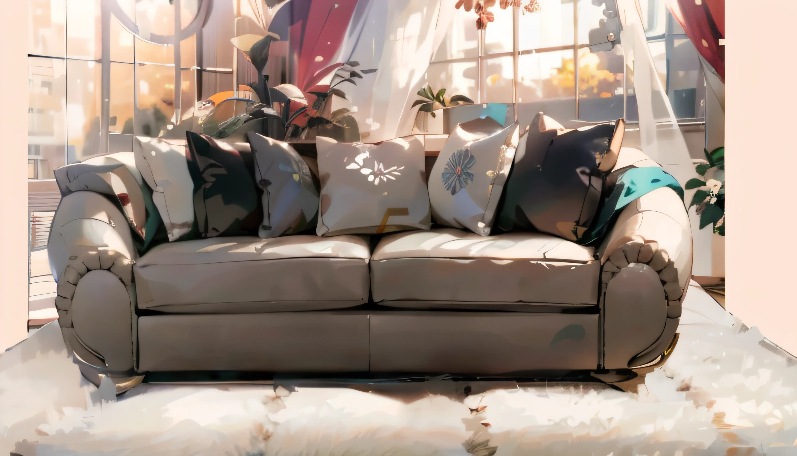 There is a sofa with pillows in front of the window, cozy home background, cozy living room background, Realistic afternoon lighting, afternoon sunlight, with backdrop of natural light, cinematic morning light, cozy environment, midday sunlight, Relaxing environment, photorealistic cinematic render, designed for cozy aesthetics!, illusory engine ; romantic motifs, lounge background, Soft cinematic light, detailed cinematic rendering，There are no characters，scene，There are flowers