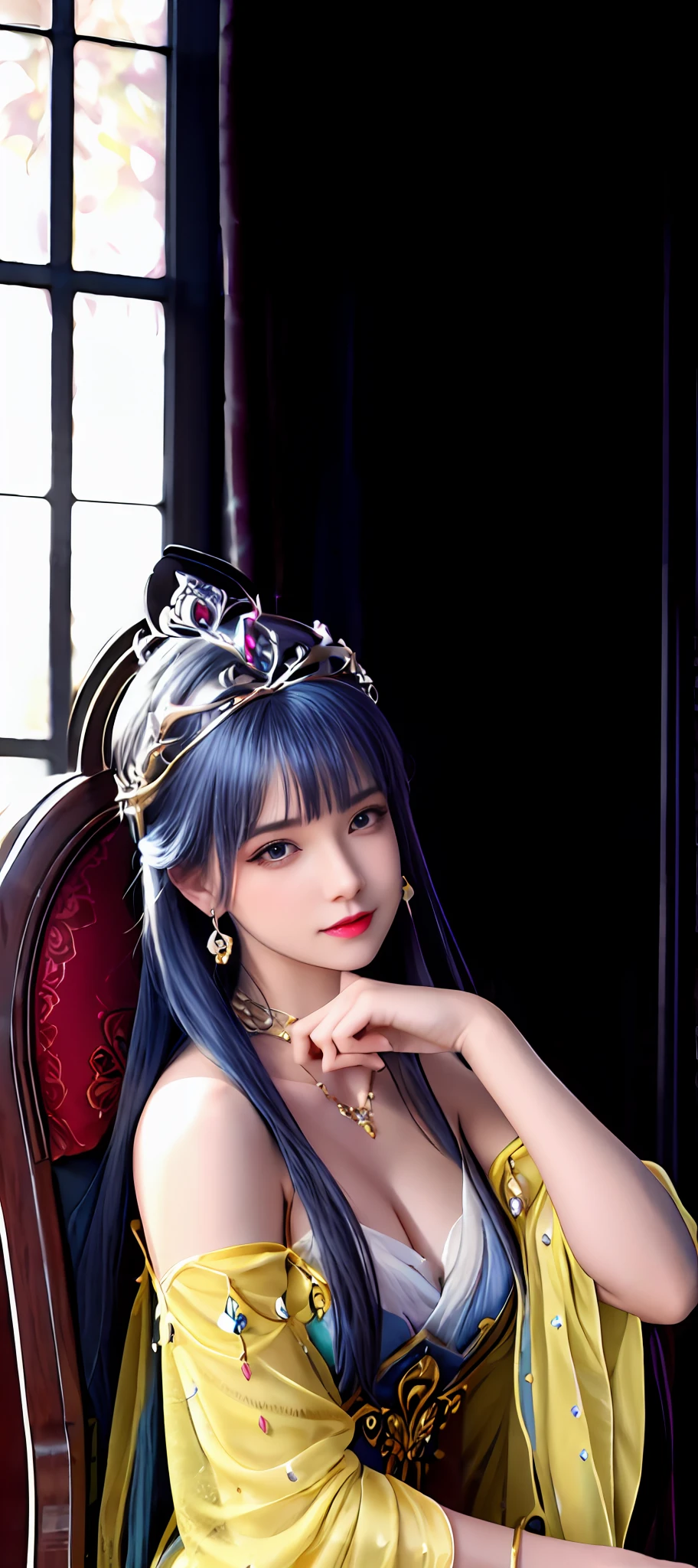 realisticity: 1.2), best quality, masterpiece, highres, super detail, ultra detail, cg, 1girl, queen, weapon, sword, long hair, dress, water, solo, jewelry, yellow dress, wearing a very beautiful crown, earrings, hair ornament, splashing, upper body super realistis, hair bun, blue and pink hair, sitting on a magnificent and beautiful royal throne backgraun super realistis and super detai, ultra detail, lighting,candid, Photograph, high resolution, 8k, 10k, Bokeh,