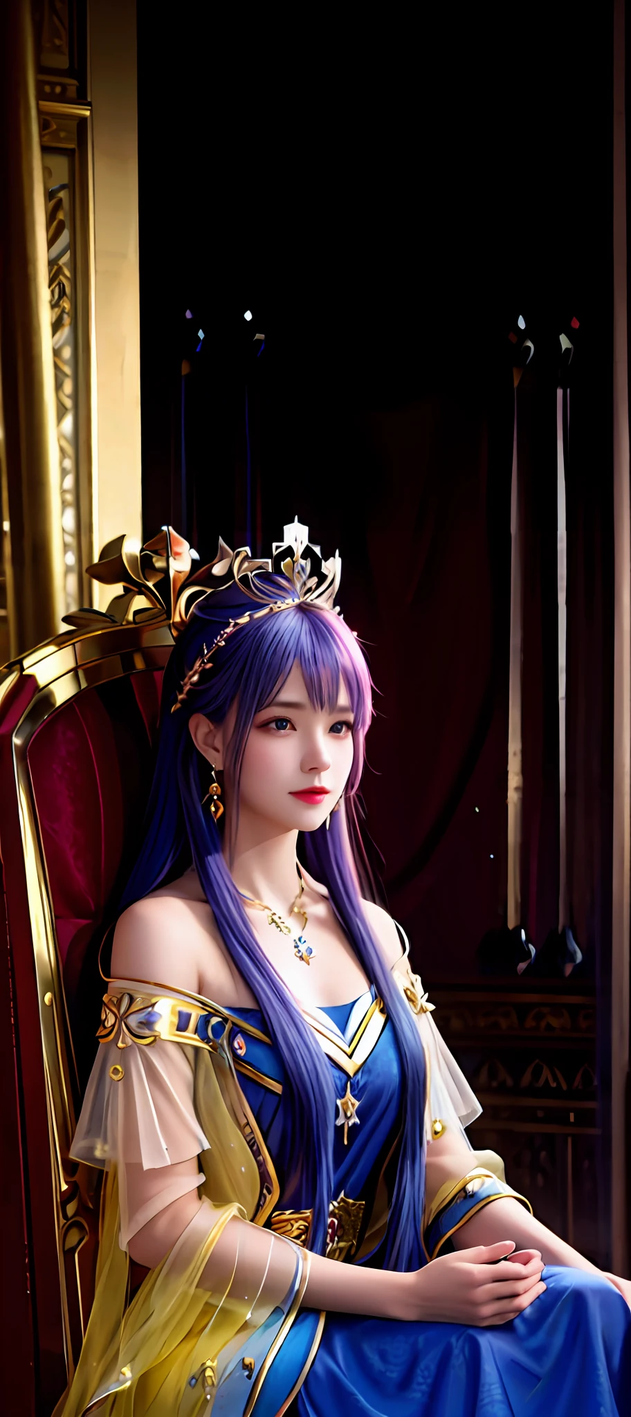 realisticity: 1.2), best quality, masterpiece, highres, super detail, ultra detail, cg, 1girl, queen, weapon, sword, long hair, dress, water, solo, jewelry, yellow dress, wearing a very beautiful crown, earrings, hair ornament, splashing, upper body super realistis, hair bun, blue and pink hair, sitting on a magnificent and beautiful royal throne backgraun super realistis and super detai, ultra detail, lighting,candid, Photograph, high resolution, 8k, 10k, Bokeh,
