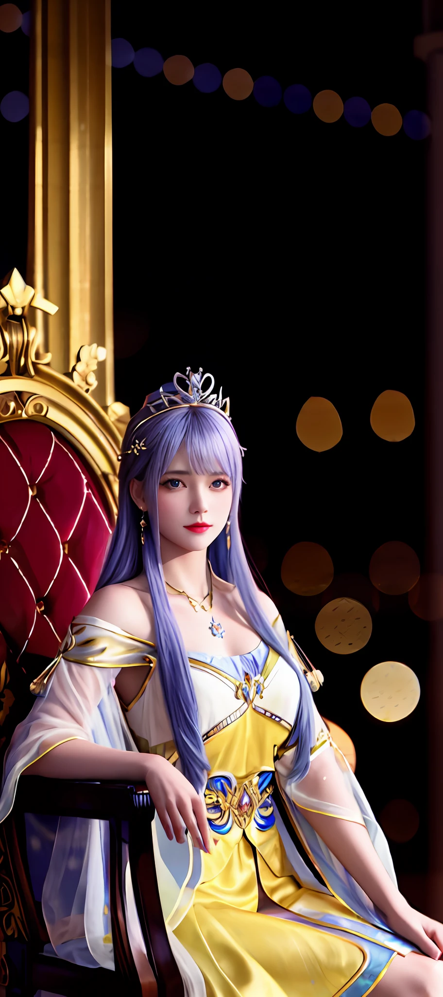 realisticity: 1.2), best quality, masterpiece, highres, super detail, ultra detail, cg, 1girl, queen, weapon, sword, long hair, dress, water, solo, jewelry, yellow dress, wearing a very beautiful crown, earrings, hair ornament, splashing, upper body super realistis, hair bun, blue and pink hair, sitting on a magnificent and beautiful royal throne backgraun super realistis and super detai, ultra detail, lighting,candid, Photograph, high resolution, 8k, 10k, Bokeh,