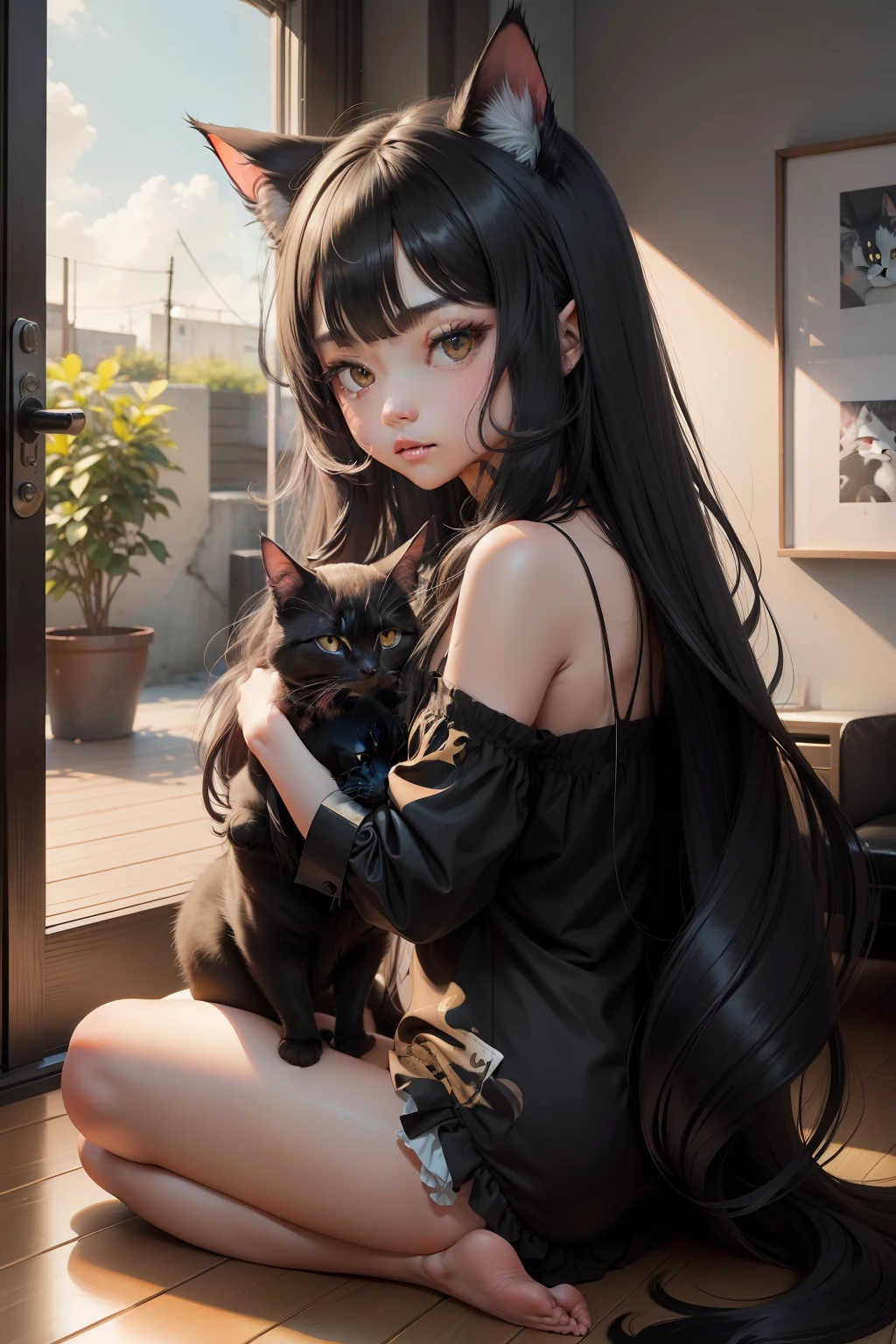 black in color，long hair cat，Trouble，largeeyes，catss