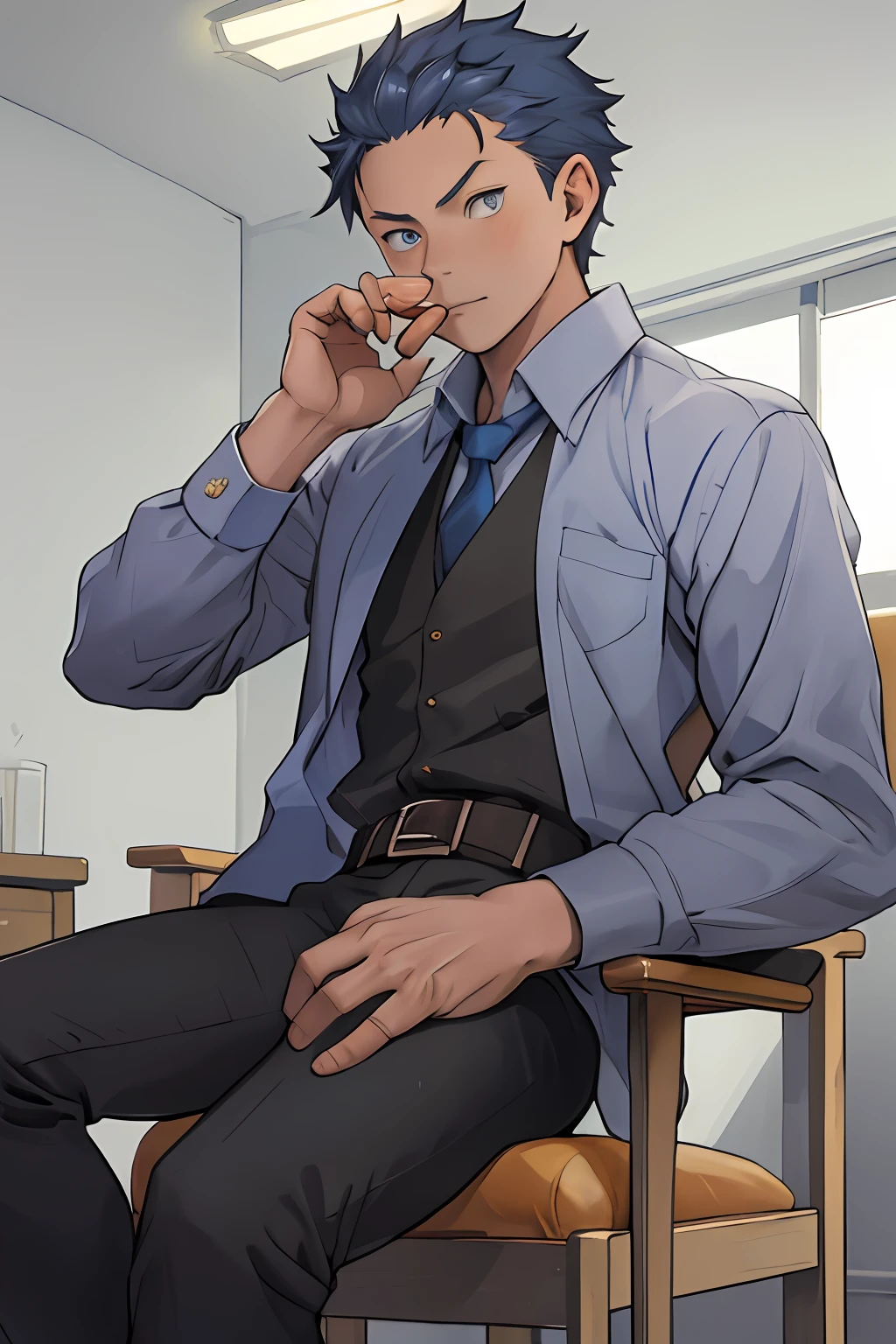 (1 Adult male),A high resolution, Sharp focus, Pixiv masterpiece, ((Complicated details)), highly detailed, natsuki_subaru, 1 man, with her mouth open,full bodyesbian,sit astride, blue colored eyes(eyes glowing), blue short hair,white shirt,Wear a tie,Wear a belt,perspire,look from down