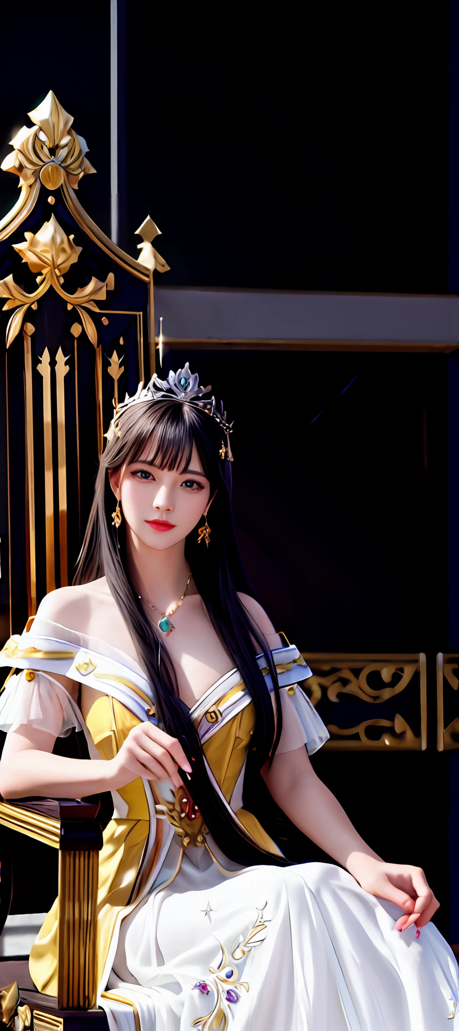 realisticity: 1.2), best quality, masterpiece, highres, super detail, ultra detail, cg, 1girl, queen, weapon, sword, long hair, dress, water, solo, jewelry, yellow dress, wearing a very beautiful crown, earrings, hair ornament, splashing, upper body super realistis, hair bun, blue and pink hair, sitting on a magnificent and beautiful royal throne backgraun super realistis and super detai, ultra detail, lighting,candid, Photograph, high resolution, 8k, 10k, Bokeh,