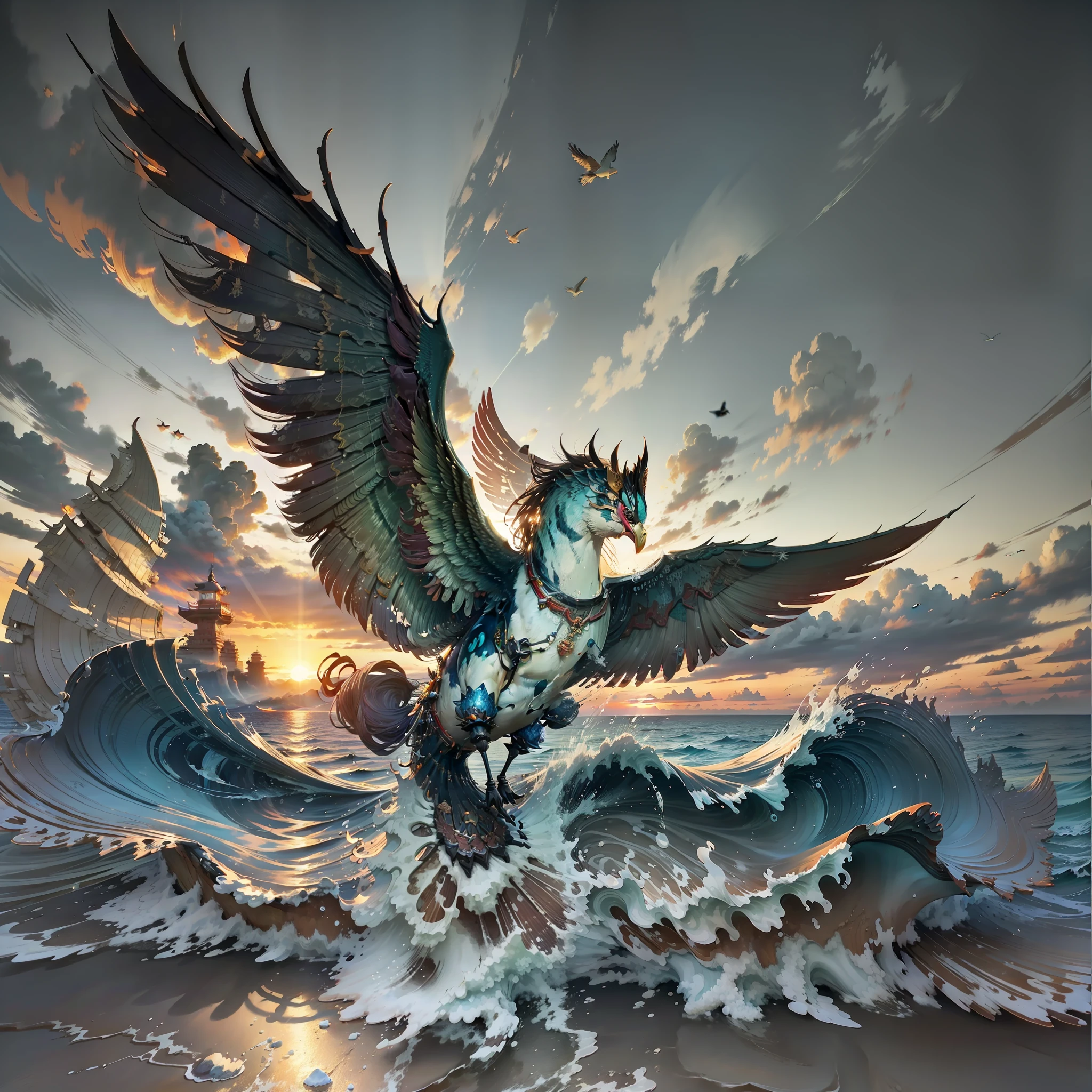 Lone birds in flight，Sunset background，The sea and sky are connected，masterpiece1.3，High picture quality，A high resolution，电影光感，CG，