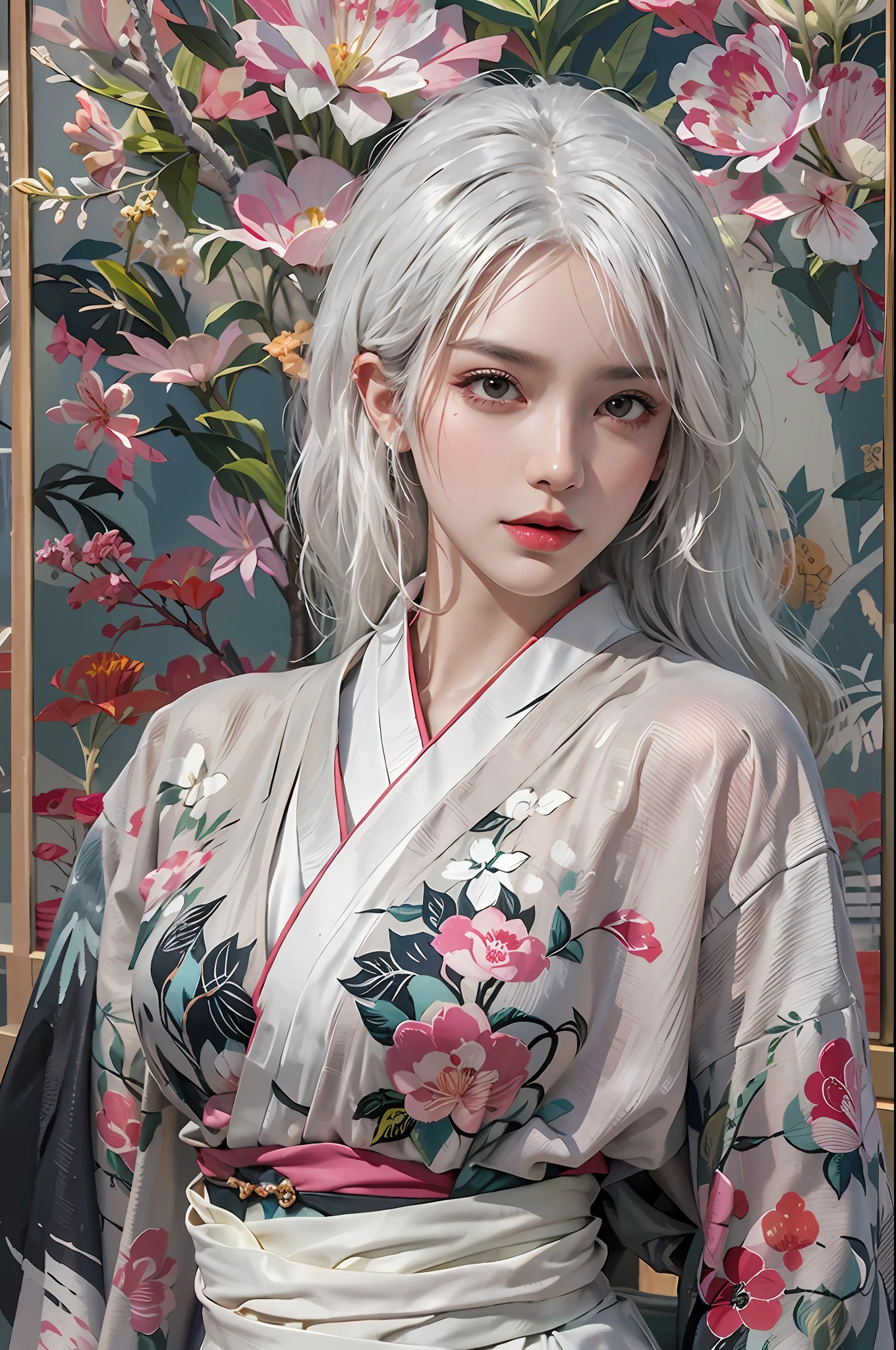 photorealistic, high resolution, 1women, solo, hips up, look at viewer, (detailed face), white hair, kimono, tattoo, jewelry