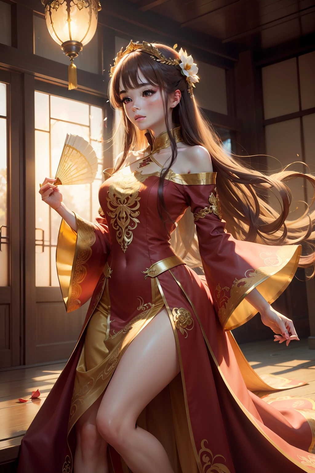 best quality, masterpiece, highres, (exquisite body:1.5),gorgeous face,(milky skin:1.3),intricate details,high resolution,wallpaper, 1girl, solo, dress, hair ornament, (((gold and red dress))), flowers, long hair, brown hair, closed mouth, jewelry, long sleeves, hand up, wide sleeves, big eyes,floating hair, chinese clothes, hanfu, embroidery, long skirt, natural pose, falling petals, indoor,fanning, lantern, 16K,HDR,highres,depth field,(film grain:1.1),boken,golden hour,(lens flare),vignette,rainbowing,(color grading:1.5)