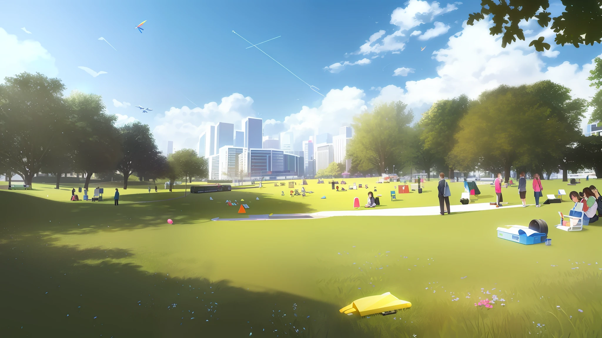 On a sunny day, there were a lot of people in the grass, park in background, people resting on the grass, The one who flew the kite,parks and public space, realistic scene, Vray rendering, looks realistic, photo realistic”, um dia ensolarado, Photorealistic rendering, photoreal render, rendering, wide establishing shot, stunning visuals, photorealistic”, photorealistic ”, artistic impression,8k,tmasterpiece,ultraclear,Reduce noise