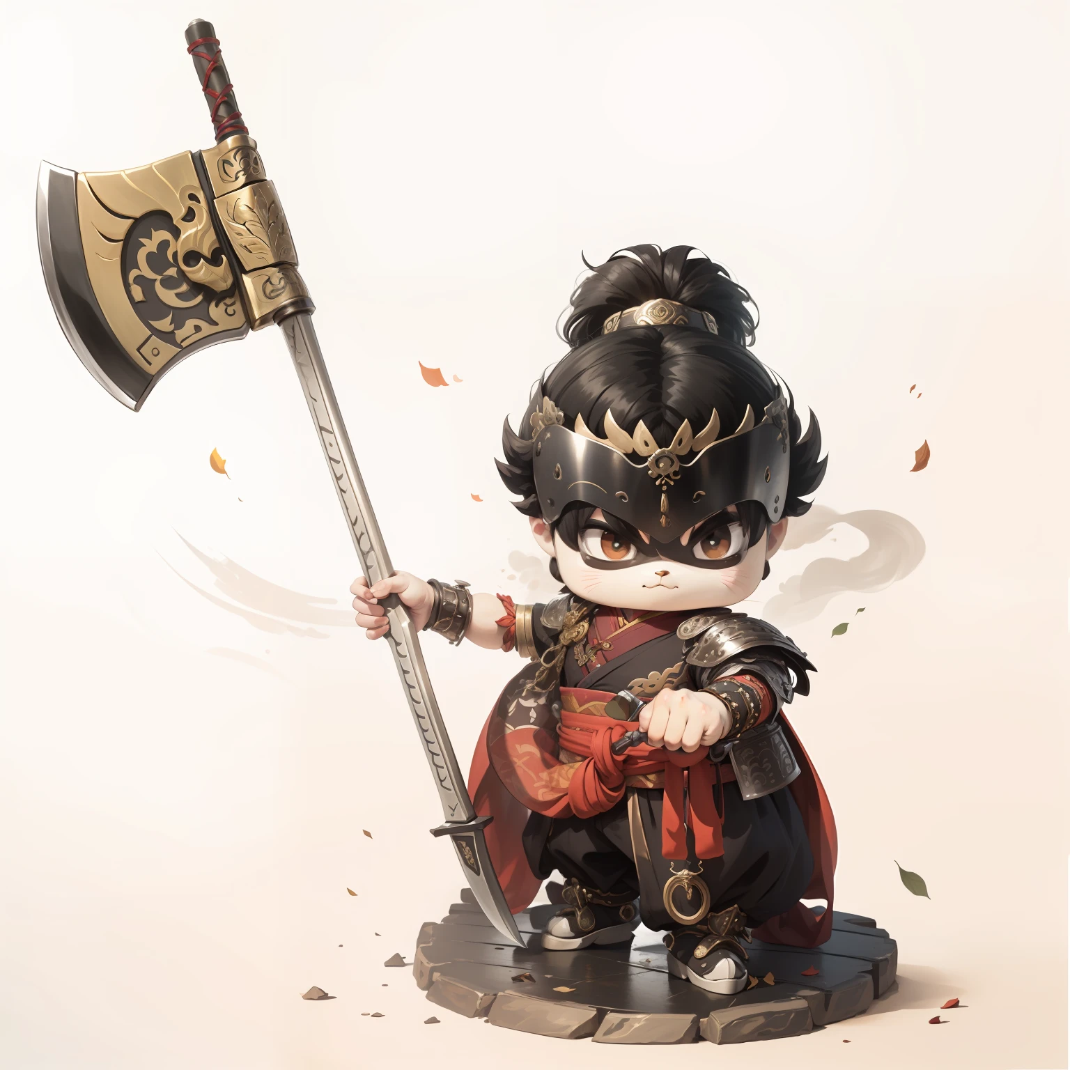 male people，Male characters，tchibi，Bad，Arms，Axe weapons，Ancient Chinese weapons，The handle has a delicate pattern，Shoulder blades，metal breastplate，chainmail，Animal pattern cuirass，chest plate，Bracers，Flowing hem，China-style，Chinese-style clothing，Chinese shoes，There are beautiful patterns on the weapon grips，Refinement，Fine painting，Refinement，infinite details，high definition detail，Patterned，Pattern，Blank background，Bright colors，Metal edging