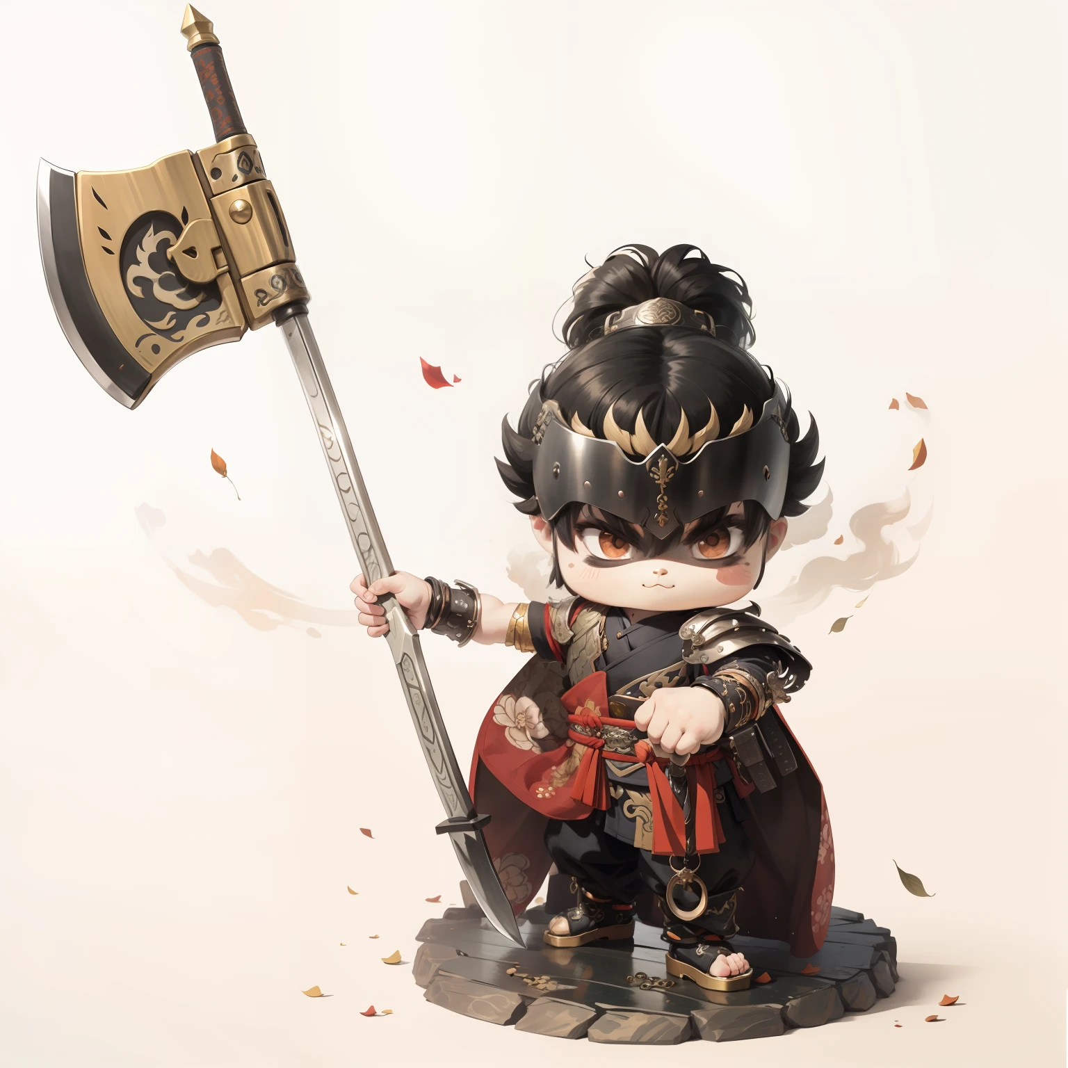male people,Male characters,tchibi,Bad,Arms,Axe weapons,Ancient Chinese weapons,The handle has a delicate pattern,Shoulder blades,metal breastplate,chainmail,Animal pattern cuirass,chest plate,Bracers,Flowing hem,China-style,Chinese-style clothing,Chinese shoes,There are beautiful patterns on the weapon grips,Refinement,Fine painting,Refinement,infinite details,high definition detail,Patterned,Pattern,Blank background,Bright colors,Metal edging