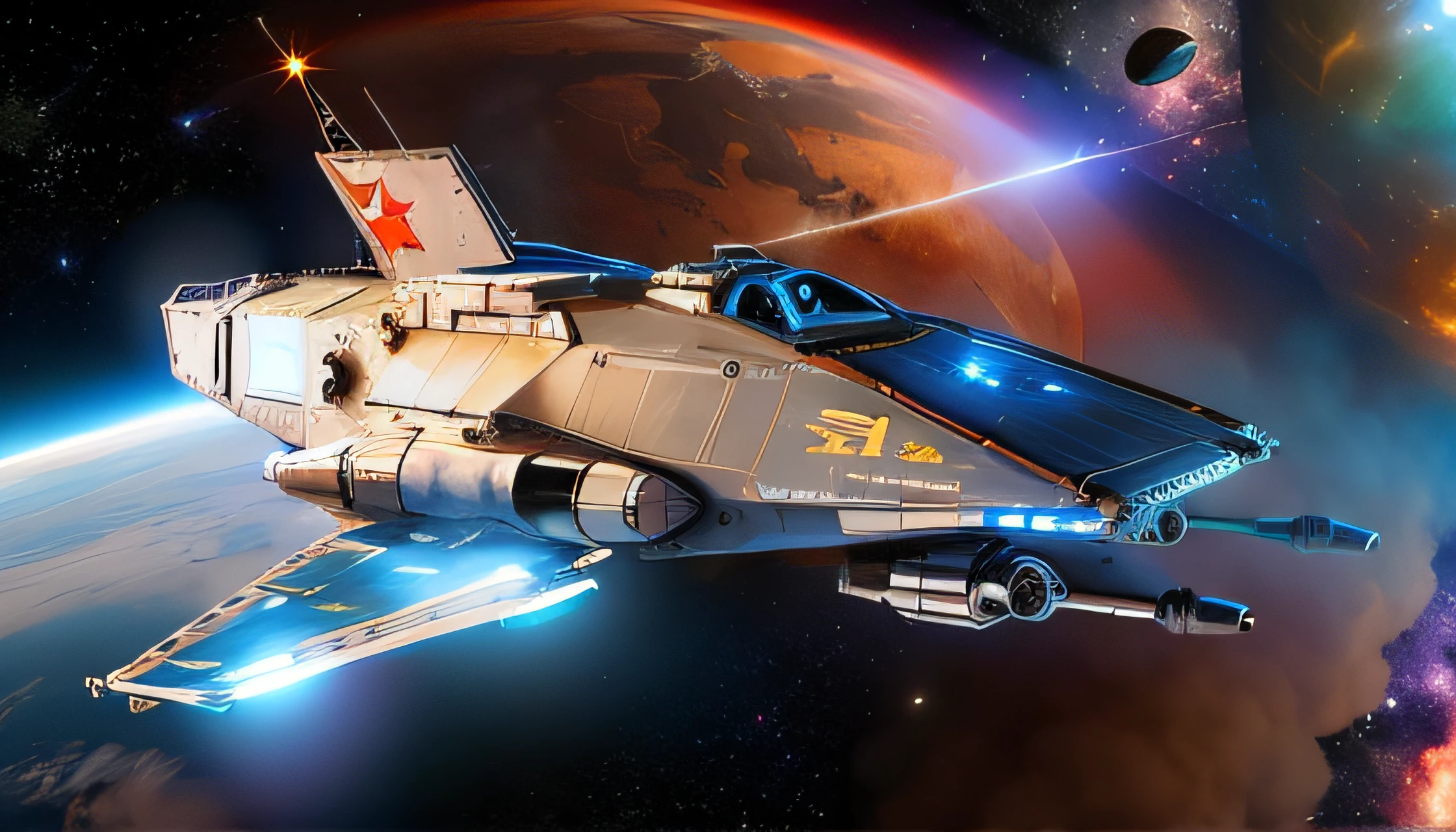 (war spacecraft in the middle of space)