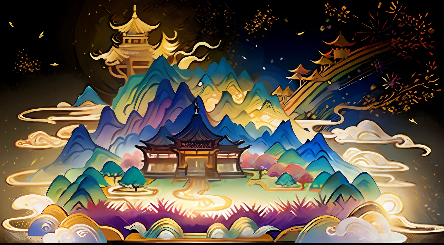 An ancient Chinese painting, ancient Chinese background, mountains, rivers, auspicious clouds, pavilions, sunshine,(psychedelic details),(mushrooms),(rainbow),(trippy),(DMT),intricate details, more details, high details,masterpieces, super detail, epic composition, ultra HD, high quality, extremely detailed, official art, unified 8k wallpaper, Super detail, 32k -- v 6