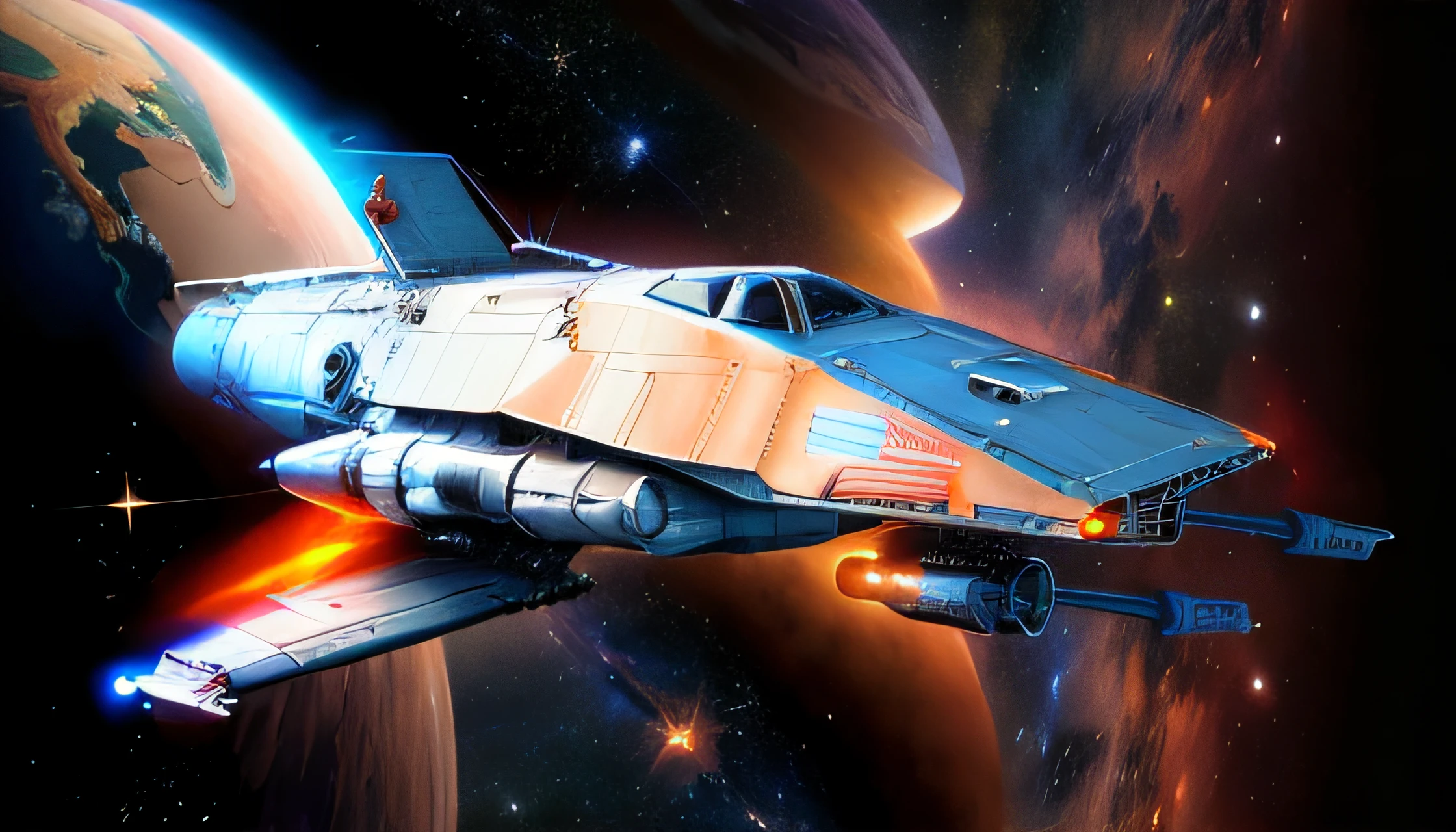 (war spacecraft in the middle of space)