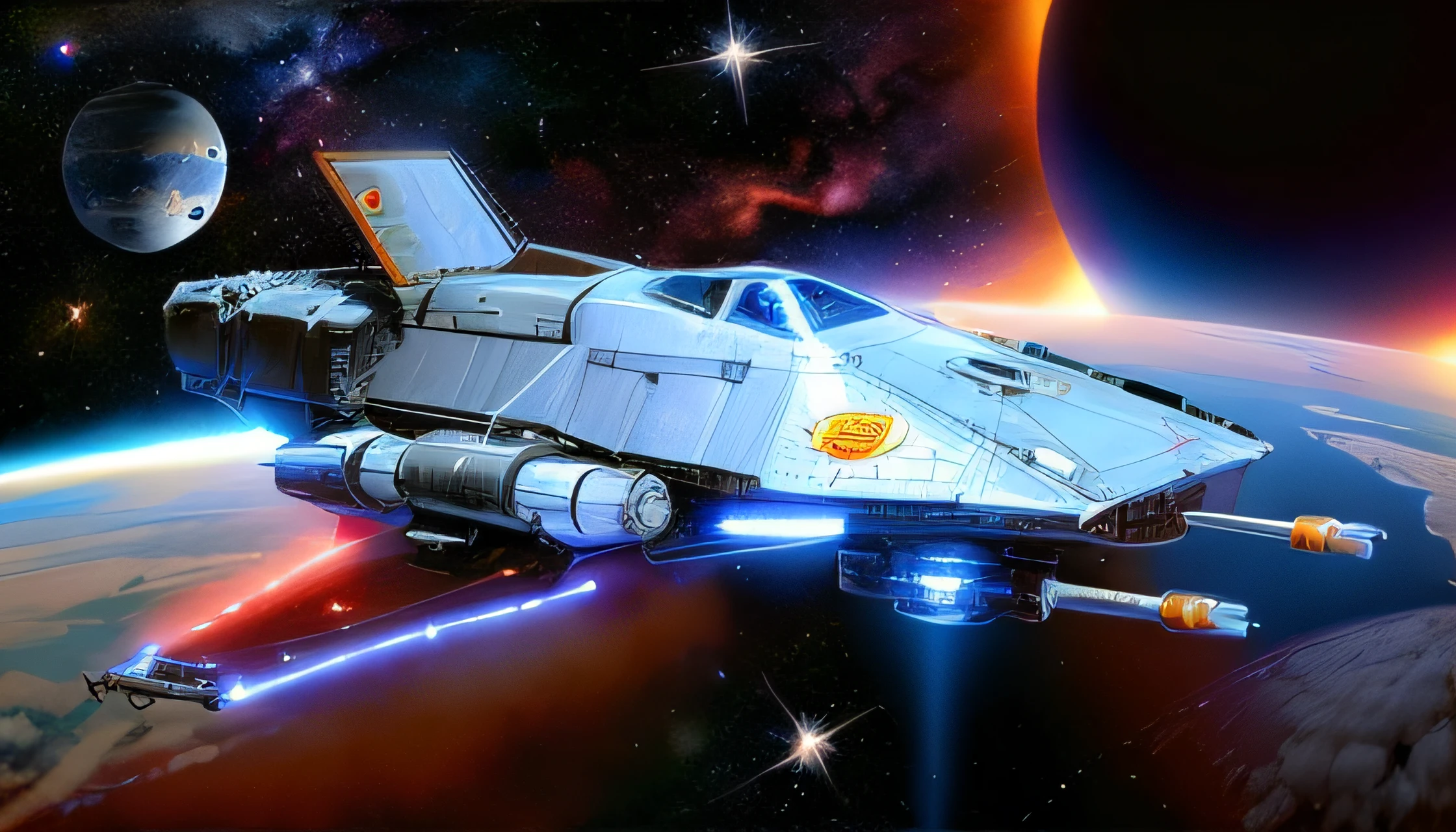 (war spacecraft in the middle of space)