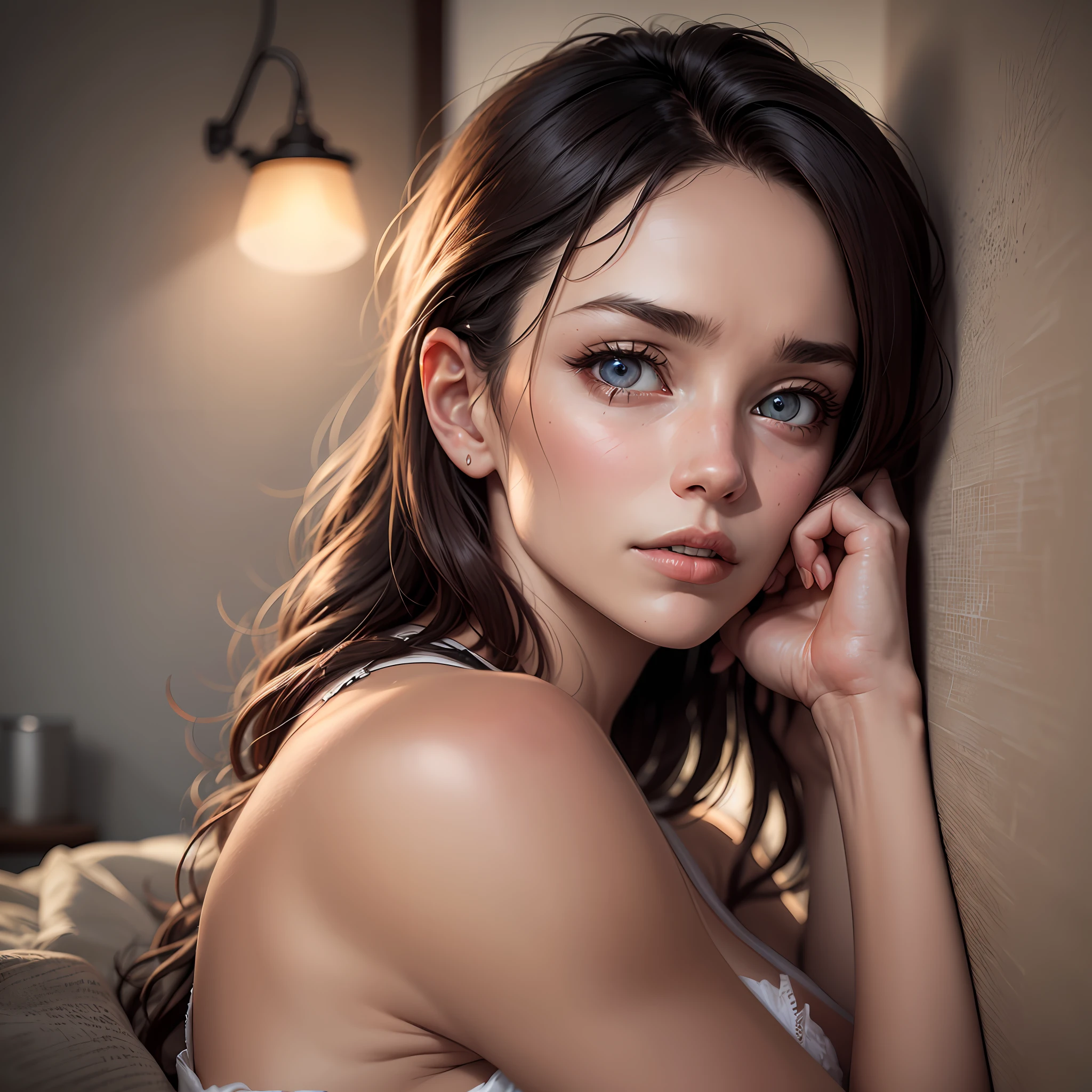 woman with insomnia, lying in bed, eyes open, looking at the wall, side view, medium breasts, penumbra, lamp light, illuminated face, nostalgic atmosphere, ultra definition image, photorealistic, 8k --auto --s2