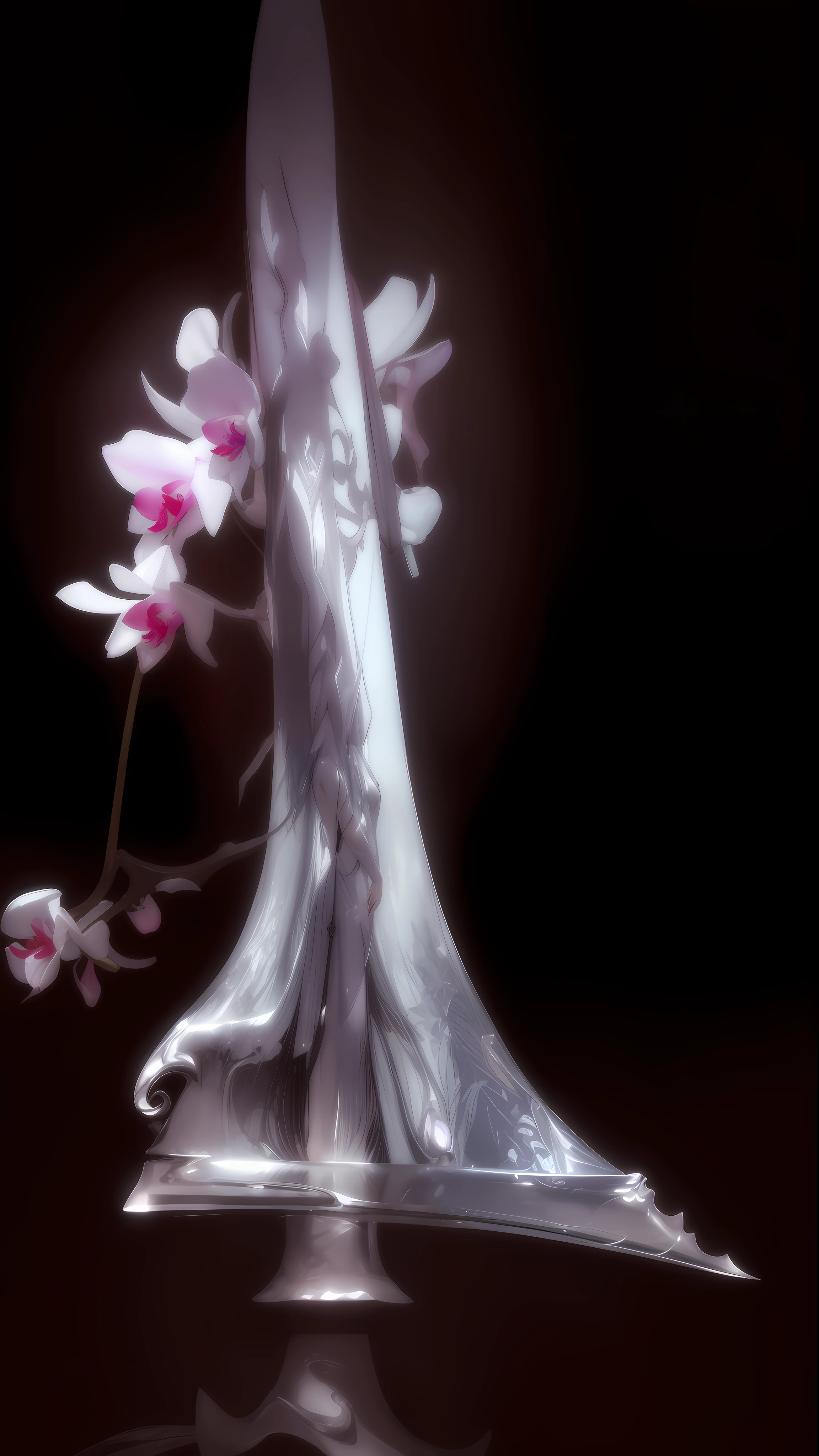 someone holding a knife with a flower in the background, beautiful sword, orchid stems, orchid made of mother of pearl, metal orchid flower, flower sepals forming helmet, beautiful bone structure, an orchid flower, reflective orchid flower, angel's trumpet, exquisite handle, side view, long trunk holding a wand, flowers inside of a marble, side-view, side - view