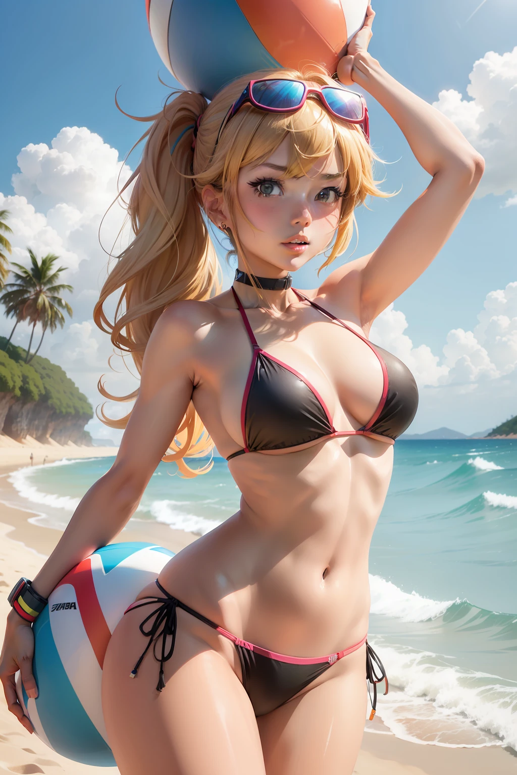 Bikini anime girl with beach ball on the beach, inspired by Tsubasa Nakai, cel - shaded art style, cel shaded anime, Asuka as a surfer model, anime styled」, in the art style of 8 0 s anime, Ecchi anime style, Lori, In anime style, digital anime art!!, anime moe art style, In an anime style