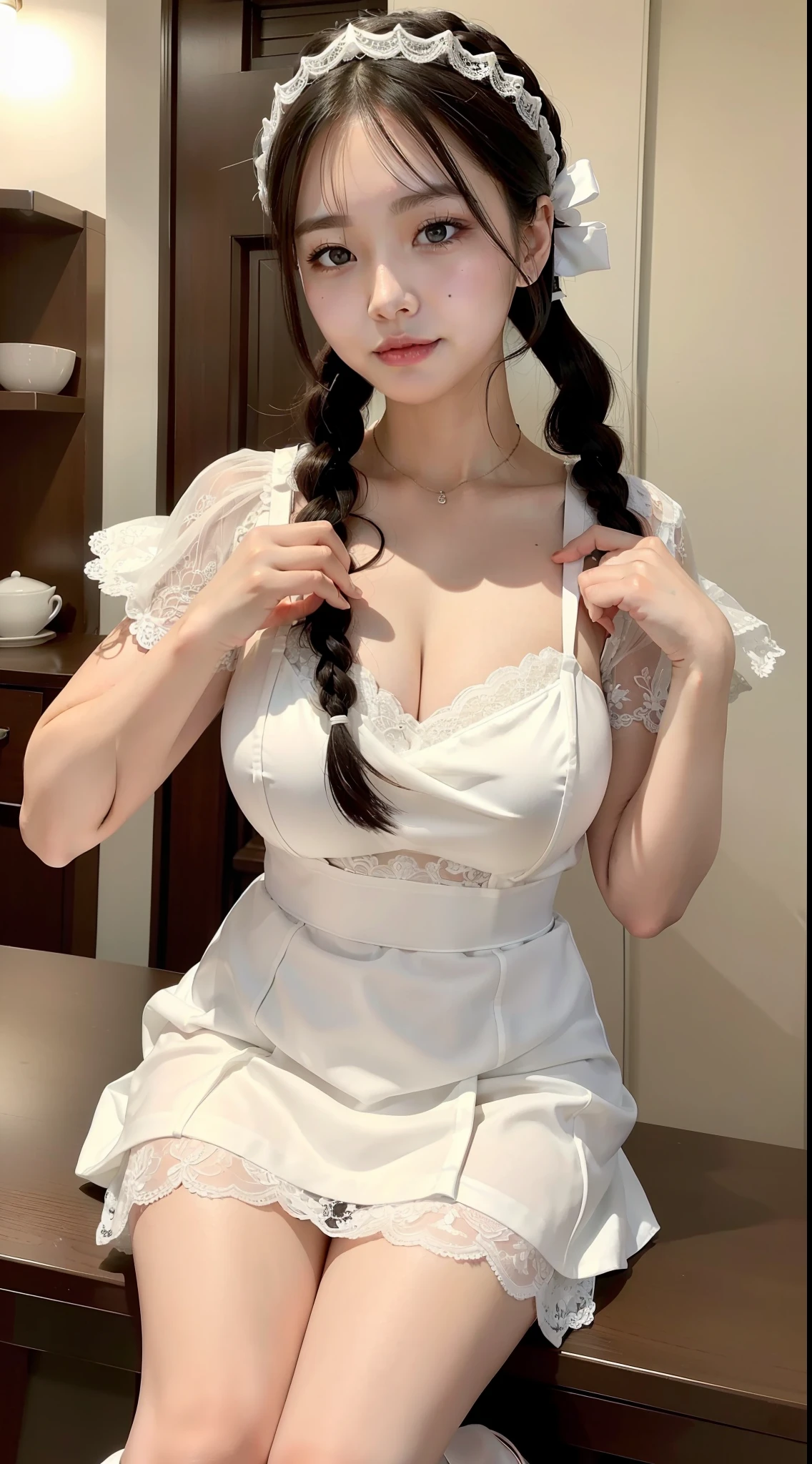 She wears an elaborate maid outfit,Usually black and white。The top is a tight short-sleeved transparent dress,The bust is decorated with a decorative white lace neckline,It exudes a romantic compactness。The hem tends to be slightly fluffy,Fitted with a slim waistband,Create the perfect waistline。She also wore knee-length black socks and high heels,This adds a touch of sexiness to her。
She pays special attention to detail,He wears a white laurel hat on his head,The hat is decorated with white lace and black pressed pleats。Her long hair is usually braided into a cute double ponytail or elegant braid,The makeup is delicate and cute,Highlight her innocent temperament。
About facial expressions,She usually wears a sweet smile,It gives a feeling of affinity。She is good at using gentleness、Considerate tone to serve the host,People admire her attitude and temperament,ultra HD picture quality