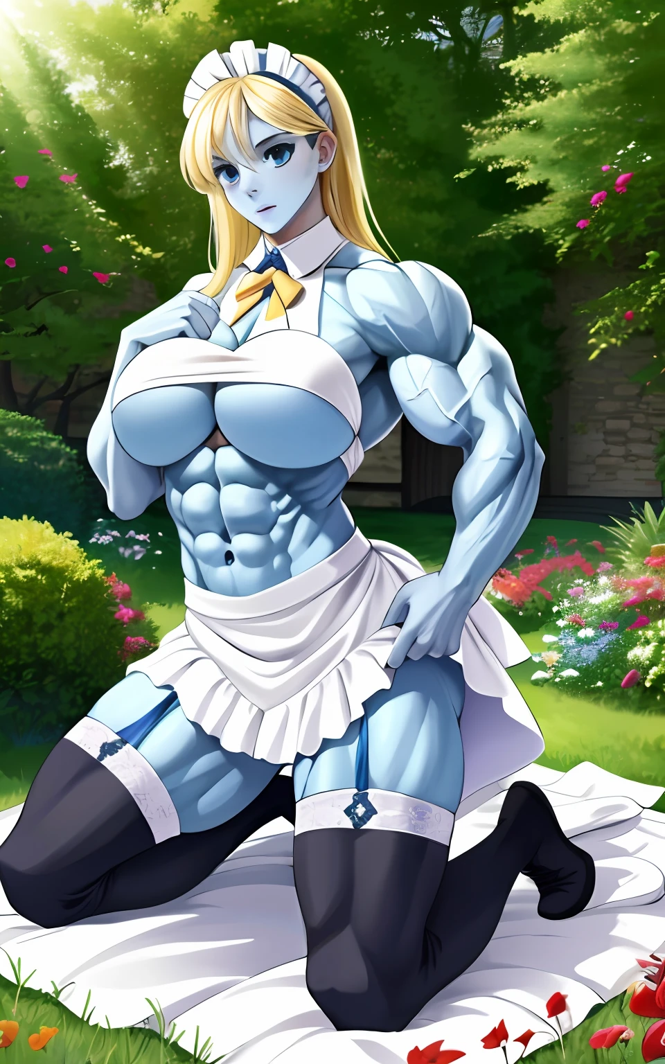 (1girll), huge tit, Breasts, Conque, Moisturizes skin, ,trpical garden , Maid outfit, s girl,realistic illumination,top Quority,8K,tmasterpiece,Muscular female,Muscular,Abs,(Blonde hair), (Blue skin:1.4),Claws,Kneeling pose,Stockings