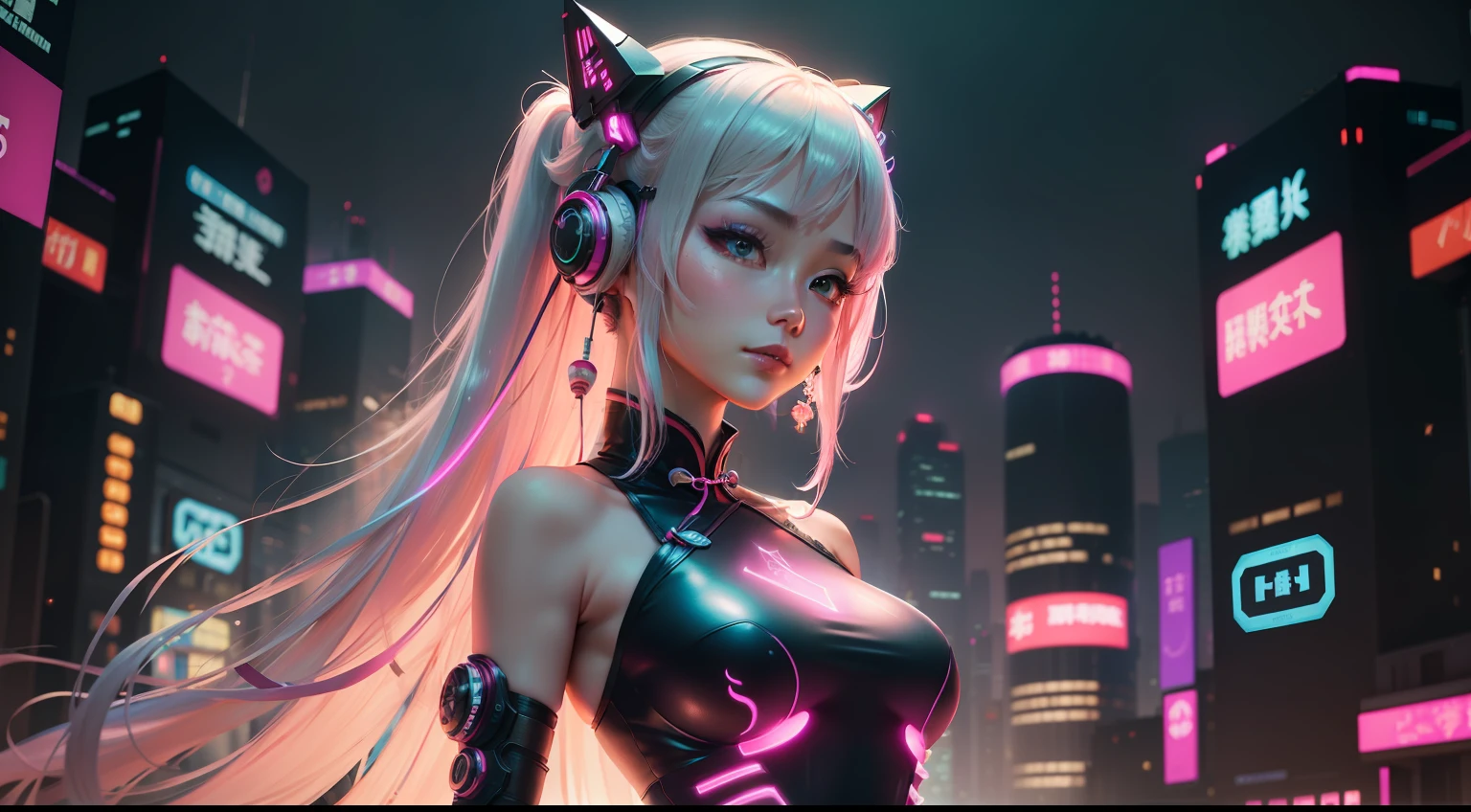 Kizi,Liquid silver and pink,Cyberhanfu,on cheongsam,Cyberpunk-city,dynamicposes,glowing headphones,luminous hair ornaments,long whitr hair,Luminous earrings,Glowing necklace,cyber punk perssonage,a high-tech city,full of machinery and futuristic element,afofuturism,technologies,luminous neon lights,Pink light,Transparent tulle,Clear streamers,laser,Digital background city sky,There are vehicles,Best quality at best,There are masterpiece of,8K,Character edge light,hyper-high detail,high qulity,Slight smile,The face is symmetrical from side to side。Beauty light effects,visual data,Does not show skin,Chinese-style cheongsam,