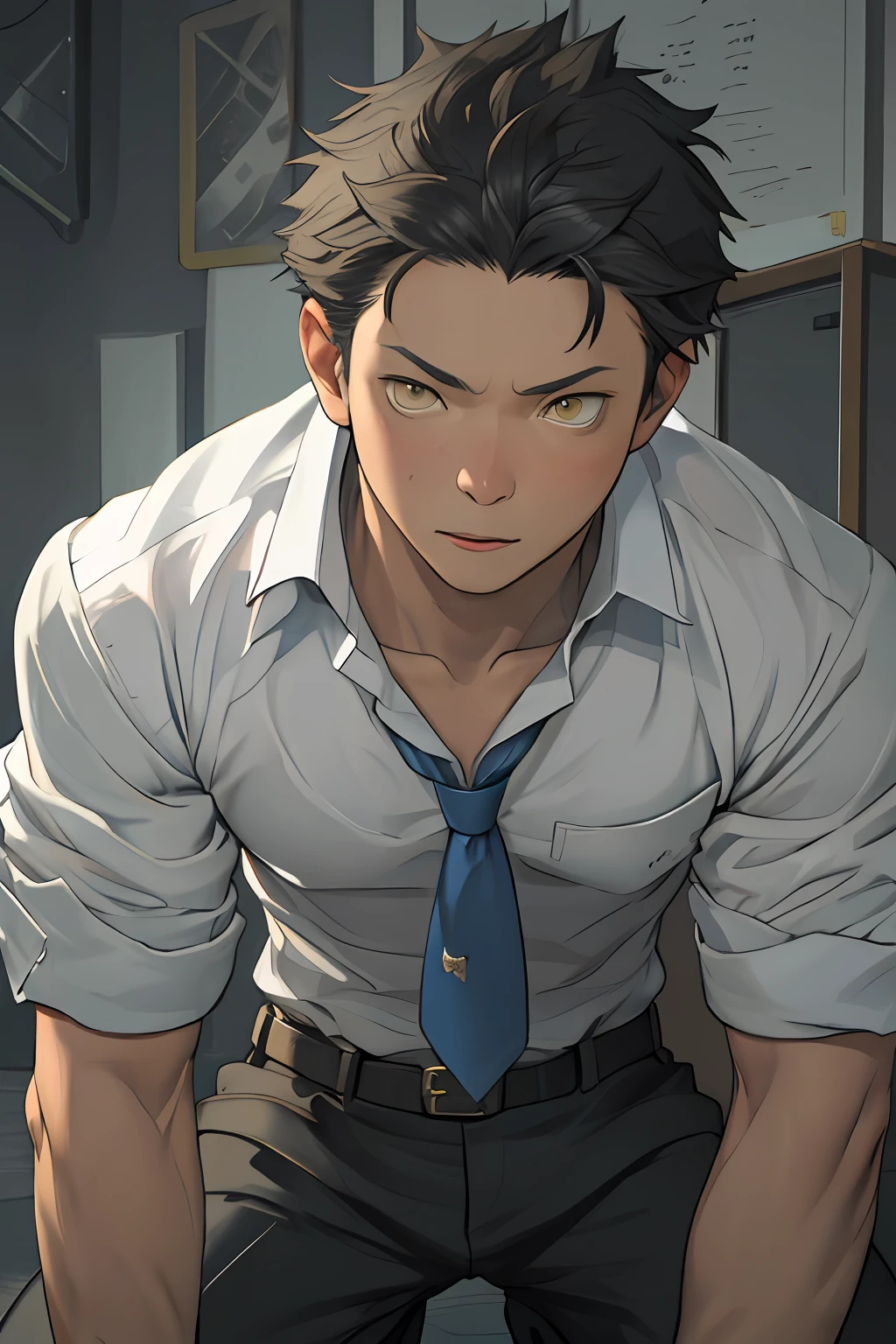 tmasterpiece，best qualityer，illustratio，Realisticstyle，photo realistic style，detail in face，offcial art，Movie lighting，（1 Adult male），A high resolution， Sharp focus， Pixiv masterpiece， （（Complicated details））， highly  detailed， natsuki_subaru， 1 man， with her mouth open，full bodyesbian，Kneel，Defeat，wounded，implore，please，decadent，exhaustion， yellow eyes（eyes glowing）， blue short hair，white  shirt，Wear a tie，Wear a belt，perspire，look from down