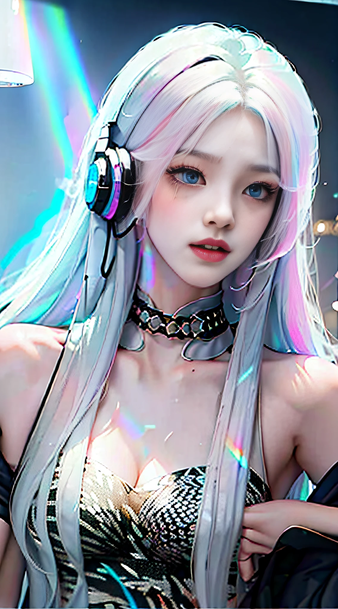 one-girl，Long light blue hair slightly curly，Messy long hair，blue color eyes，Long white eyelashes，Bring headphones，Rainbow，cyber punk perssonage，The environment is simple，Meticulous facial features，8K，hyper HD，the detail（1：2），cinematric light，Sideslit，warm lights，looking at viewert，鎖骨，Shoulders exposed，Blackn clothes，复杂，Rich in graphics，cruel