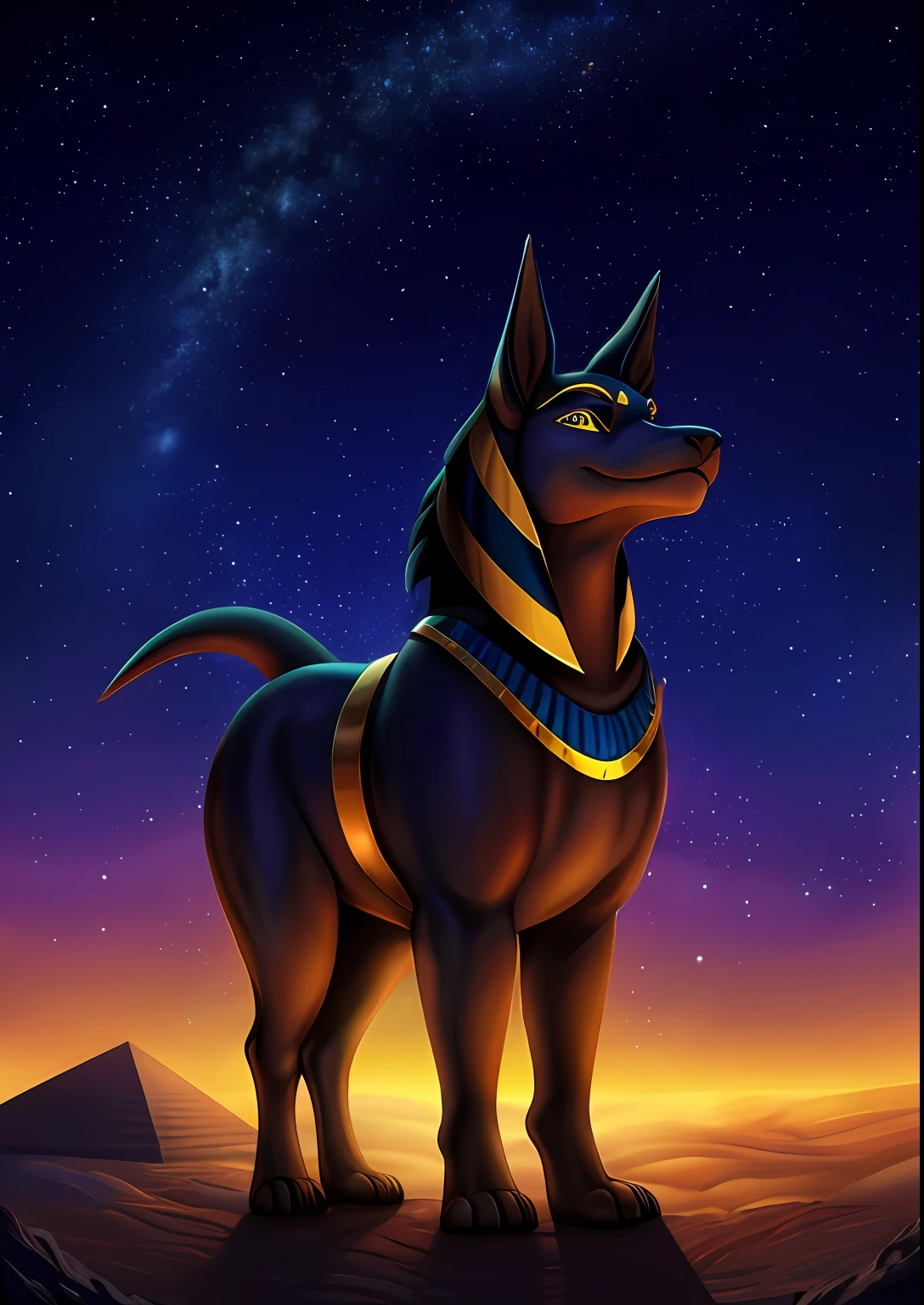 melhor qualidade, (obra-prima: 1.2), OldEgyptAI, Cornea Rex, criaturas de fantasia,(Pintura digital), (melhor qualidade), Egyptian pyramids, alta qualidade, Stunning night sky, Estrelas cintilantes, lua cheia suave, Mysterious Milky Way, Vento suave, serene silence, Connection with the infinite universe ,Anubis