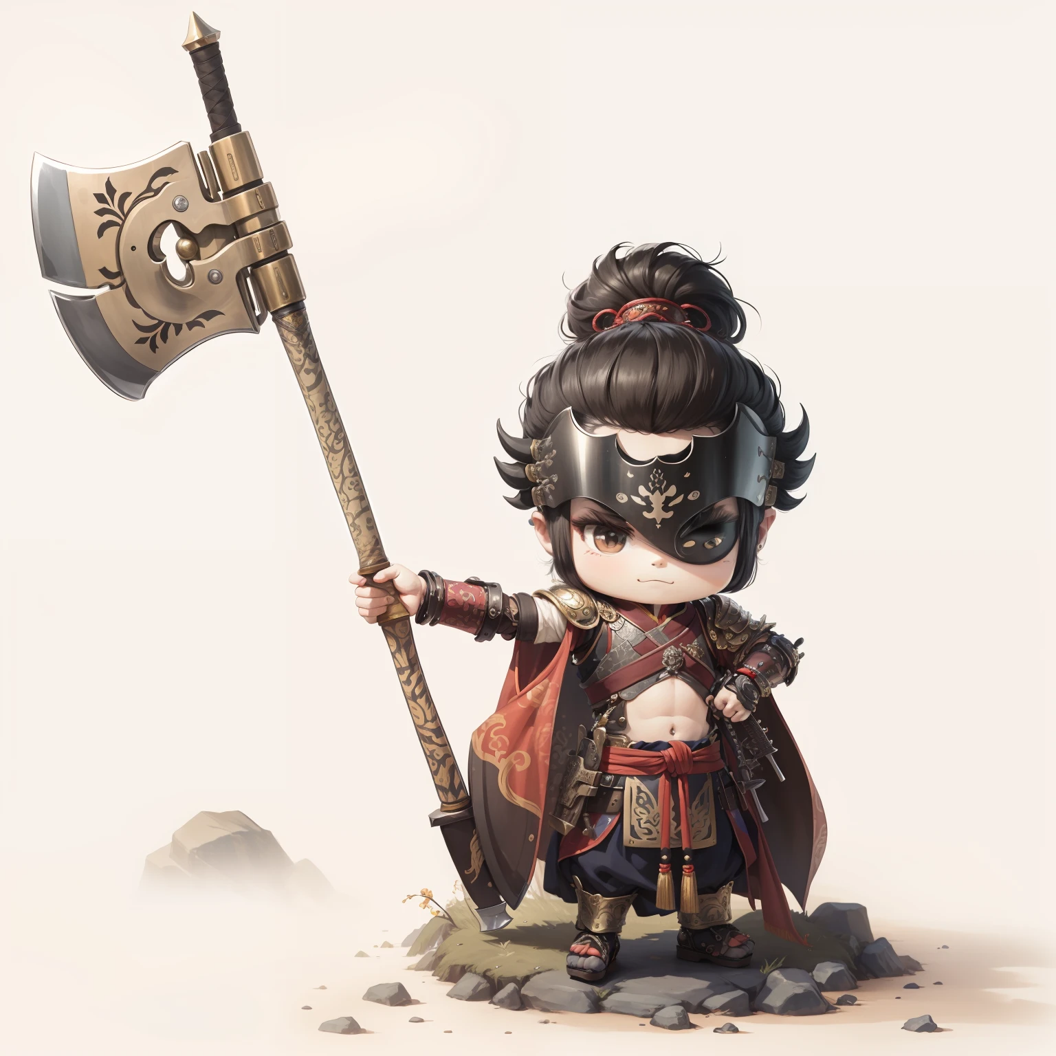 male people,Male characters,tchibi,Bad,Arms,Axe weapons,Ancient Chinese weapons,The handle has a delicate pattern,Shoulder blades,metal breastplate,chainmail,Animal pattern cuirass,chest plate,Bracers,Flowing hem,China-style,Chinese-style clothing,Chinese shoes,There are beautiful patterns on the weapon grips,Refinement,Fine painting,Refinement,infinite details,high definition detail,Patterned,Pattern,Blank background,Bright colors,Metal edging