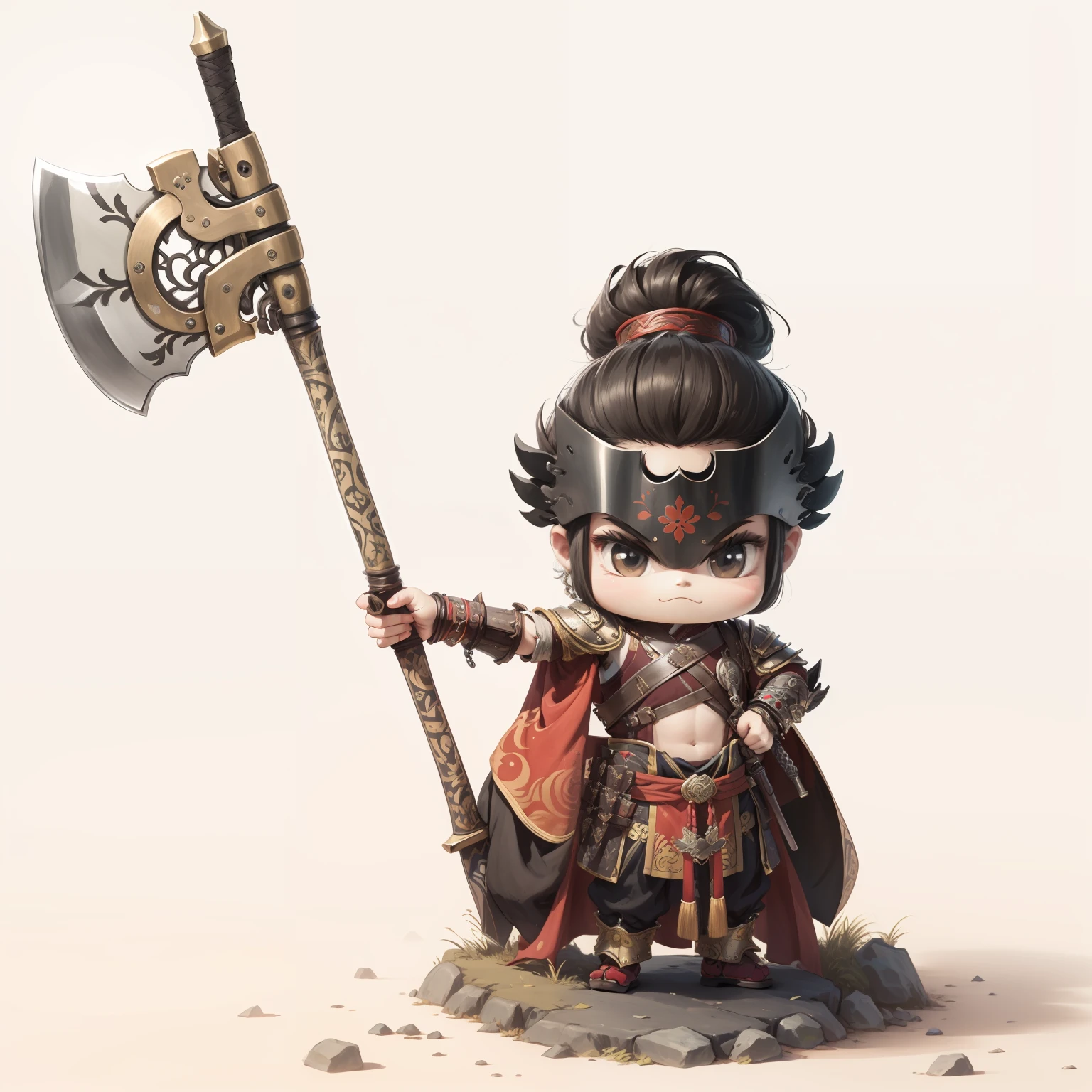 male people,Male characters,tchibi,Bad,Arms,Axe weapons,Ancient Chinese weapons,The handle has a delicate pattern,Shoulder blades,metal breastplate,chainmail,Animal pattern cuirass,chest plate,Bracers,Flowing hem,China-style,Chinese-style clothing,Chinese shoes,There are beautiful patterns on the weapon grips,Refinement,Fine painting,Refinement,infinite details,high definition detail,Patterned,Pattern,Blank background,Bright colors,Metal edging