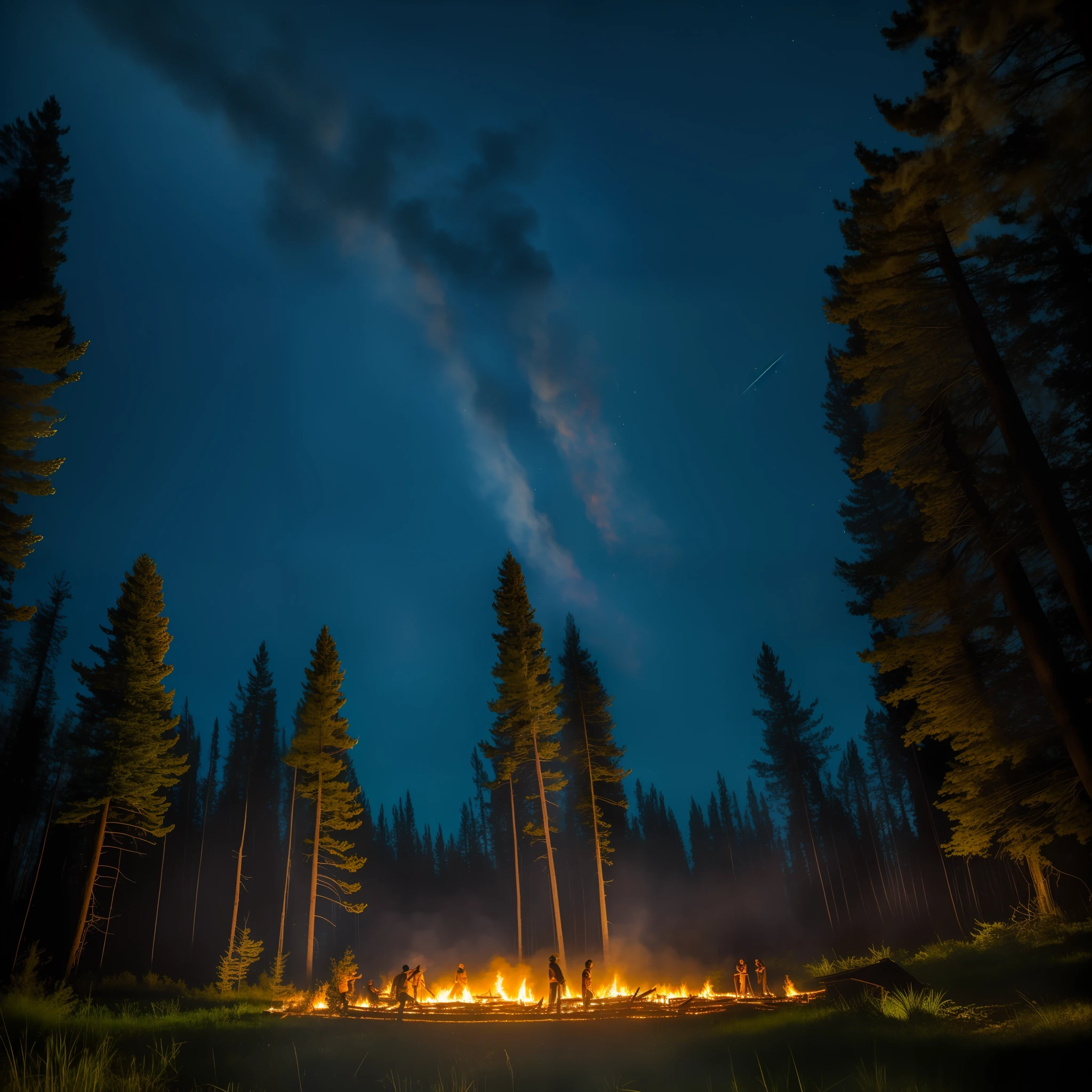 A huge bonfire around which people dance, flames rise to the sky, Realistic lighting