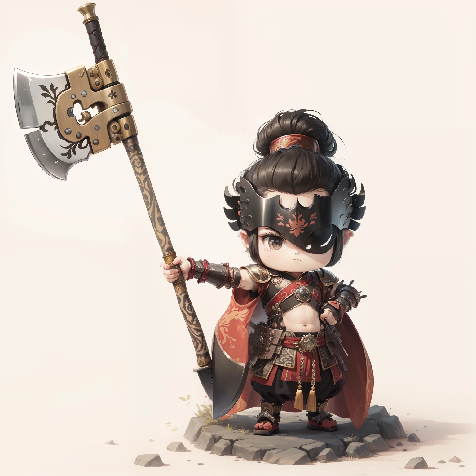 male people，Male characters，tchibi，Bad，Arms，Axe weapons，Ancient Chinese weapons，The handle has a delicate pattern，Shoulder blades，metal breastplate，chainmail，Animal pattern cuirass，chest plate，Bracers，Flowing hem，China-style，Chinese-style clothing，Chinese shoes，There are beautiful patterns on the weapon grips，Refinement，Fine painting，Refinement，infinite details，high definition detail，Patterned，Pattern，Blank background，Bright colors，Metal edging