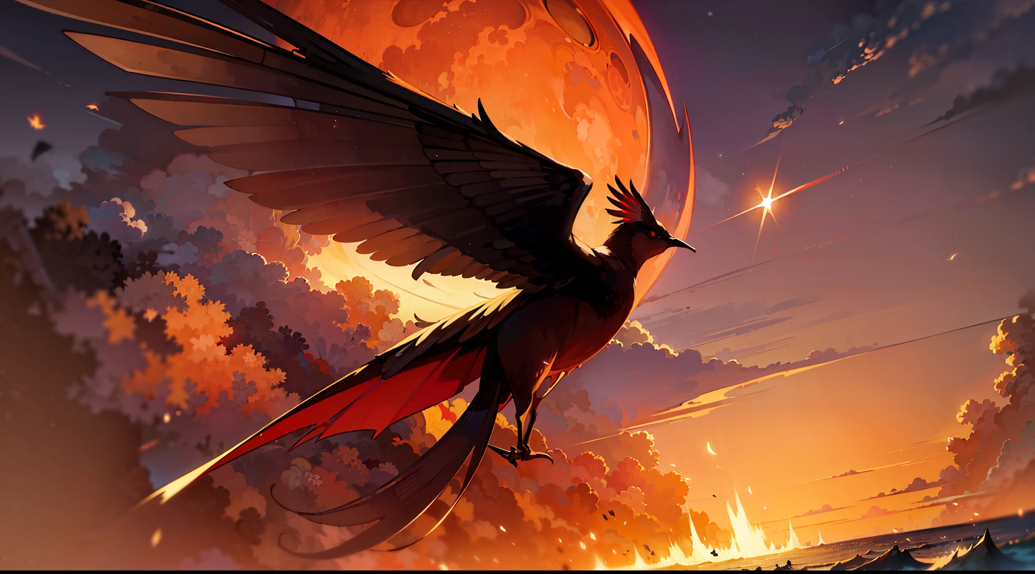 Masterpiece, Best quality, Dusk, in fall, (Sunset), sky, Sea, (In the ocean), beautiful detailed glow, Floating ashes, Beautiful and detailed explosion, Red Moon, Fire, Fire cloud, Wings on fire, mostly cloudy sky, smoke of gunpowder, Burning,, (floating cloud:1.2),Bird