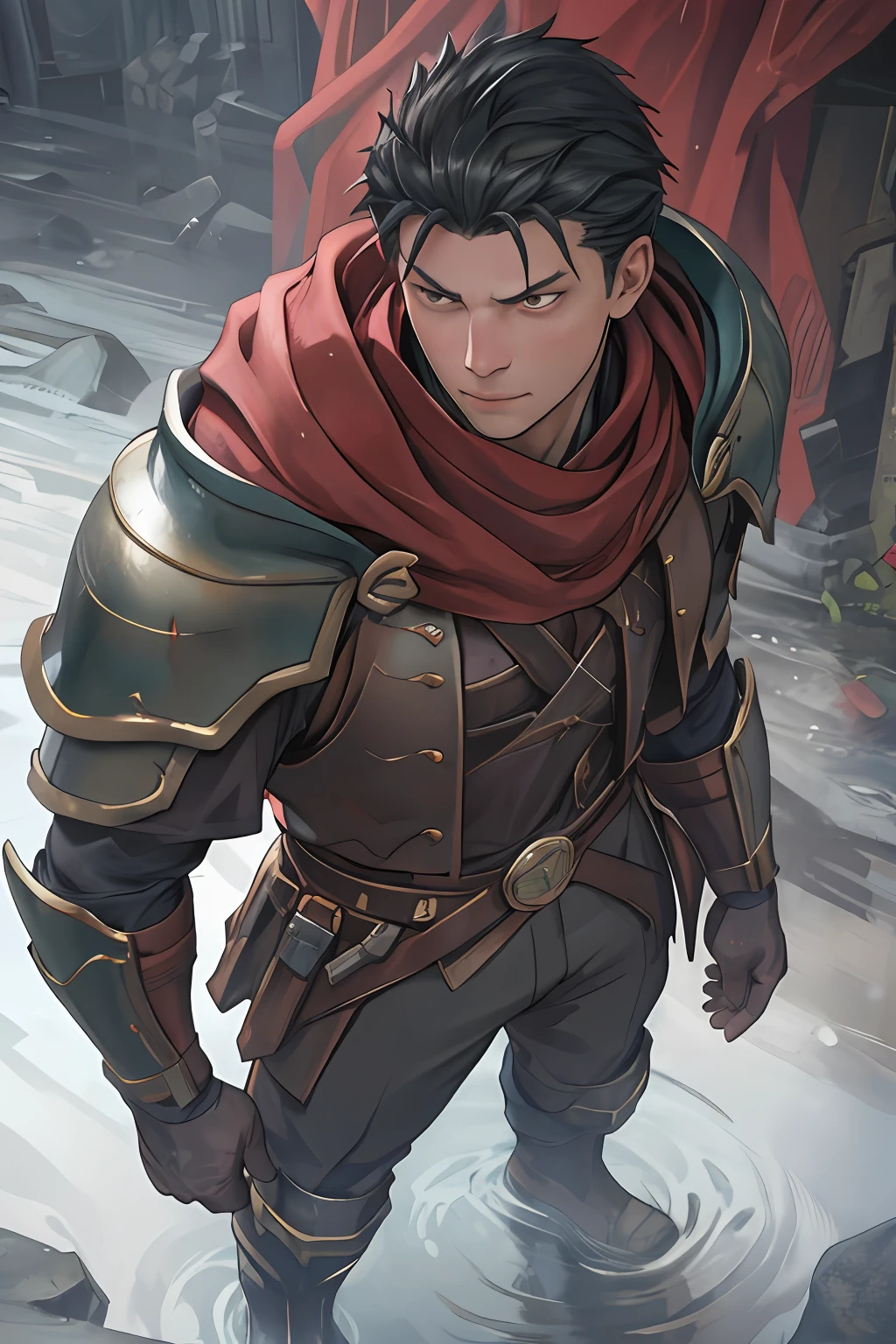 tmasterpiece，best qualityer，illustratio，Realisticstyle，photo realistic style，detail in face，offcial art，Movie lighting，1male people，full bodyesbian，Armour，obi strip，Gaiters，cloaks，Drenched，Get wet， Solo ，Handsome，virile，Handsome all over，[[[［musculature］，Short hair，Yellow eyes，look from down