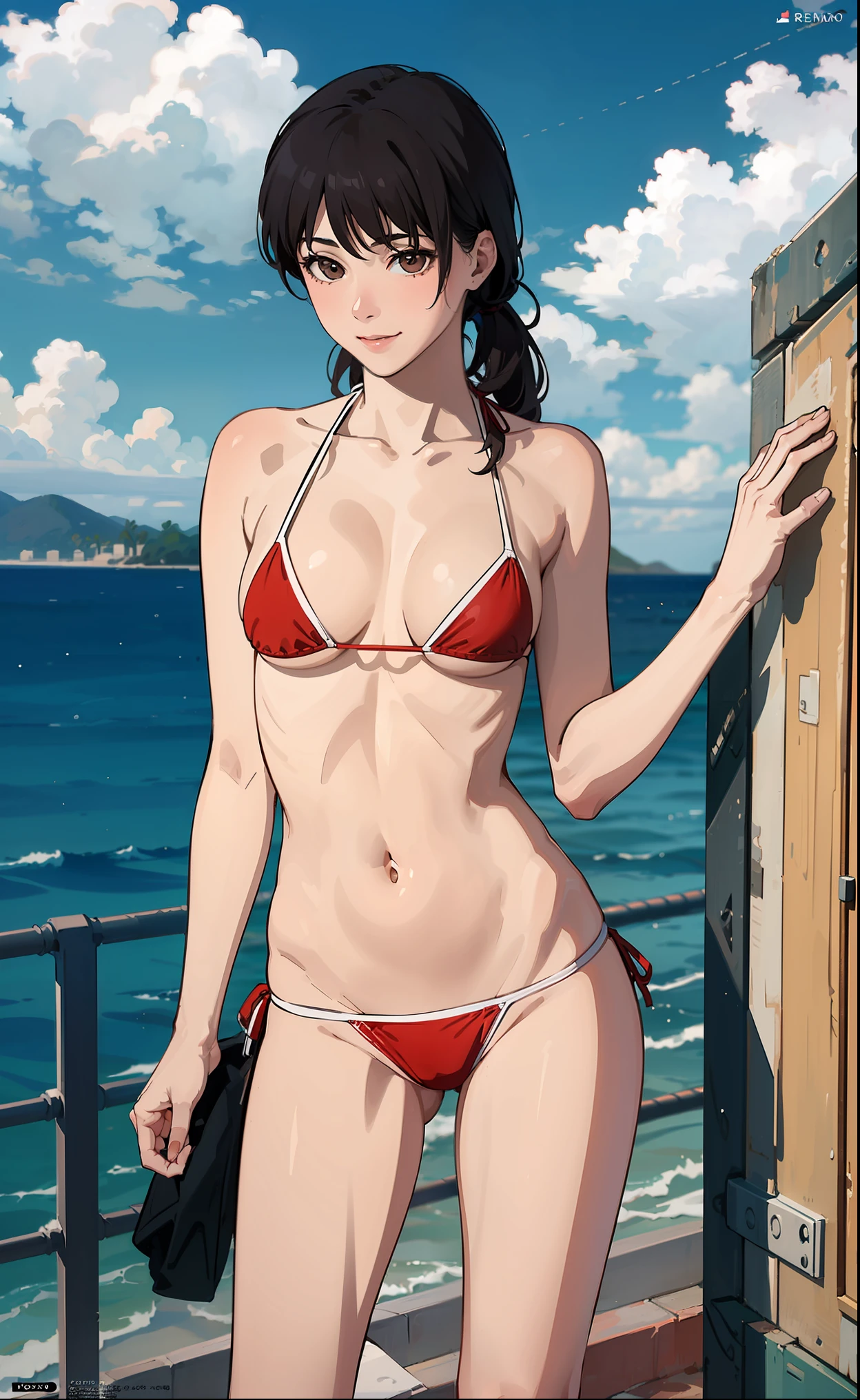 1girl,((sexi bikini,micro bikini)), cuerpo completo, flaco, en la playa, ((Portada de la revista)), small boobs, Kobeni, vello pubic,muslos gruesos,caderas anchas,Obra maestra, La mejor calidad,((sentada de piernas abiertas en la arena)),pelota de playa,brown eyes,Shy look, leve sonrisa, coy smile ,Mirando al espectador,playa europea,arena blanca