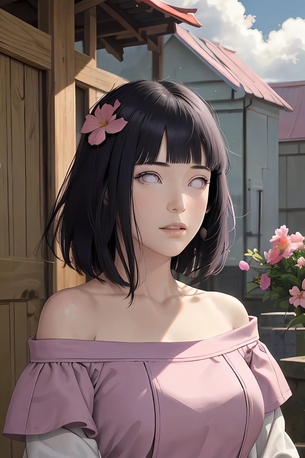 masterpiece, absurdres, hinata\(boruto\), 1girl, solo,mature female, Off-shoulder knit crop top,  outdoors, looking at viewer, (falling petals), cloudy sky, perfect composition, detailed lips, big breast, beautiful face, body propotion, blush, (pink lips), long hair,  purple eyes,  soft gaze, sad smile,  super realistic, detailed, photoshoot, realistic face and body