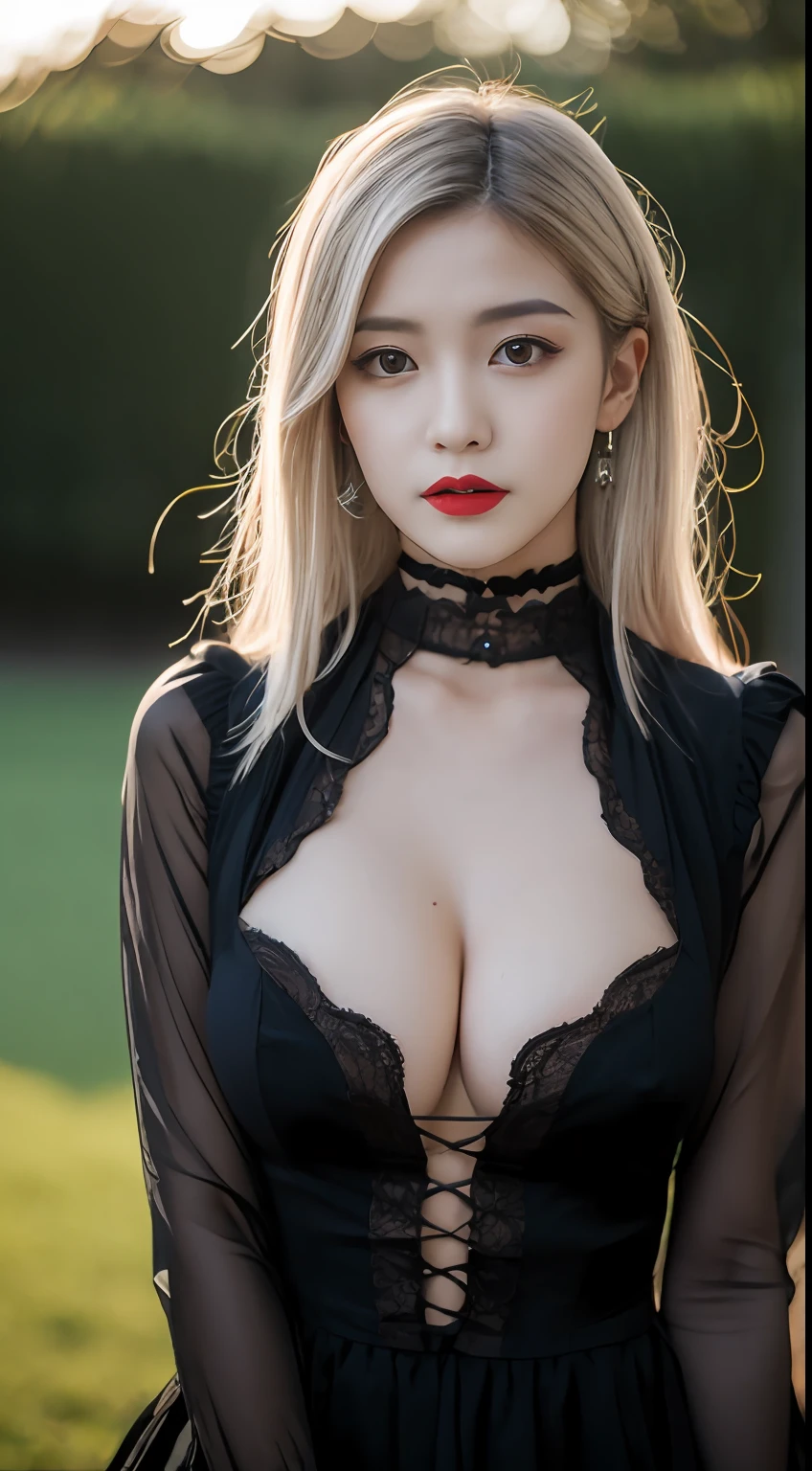((Best Quality, 8K, masutepiece:1.3, 1 girl, Beautiful Girl)), Cute, Dynamism, Detailed face, Detailed skin, Detailed eyes, Detailed lips, Detailed fingers, Round buttocks, Photorealistic, Raw photo, Natural light, Perfect Anatomy, big breasts, ((silver hair)), tied up gothic ta Black maid dress, long sleeve, Looking at Viewer, thighhigh, red lips, sunset, gothic mansion, cleavage, spreading legs, ecstatic face