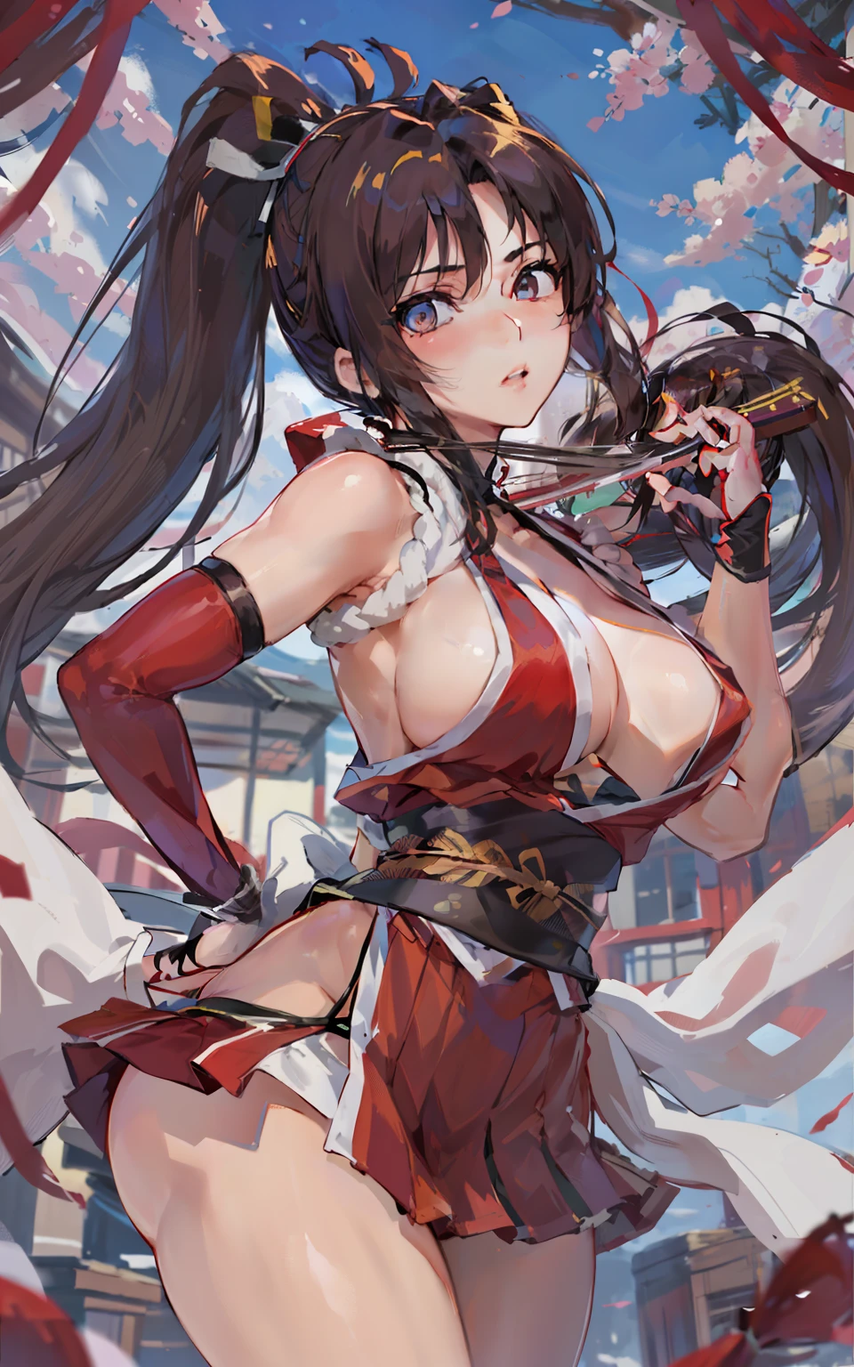 masterpiece, best quality, (realistic, 1girl, solo, beautiful face, detailed face, beautiful eyes), (breasts), thighs, long hair,  ponytail, breasts contains, red, shinobi, ninja, bare shoulder, elbow gloves, skirt curtain, hand fan, fans