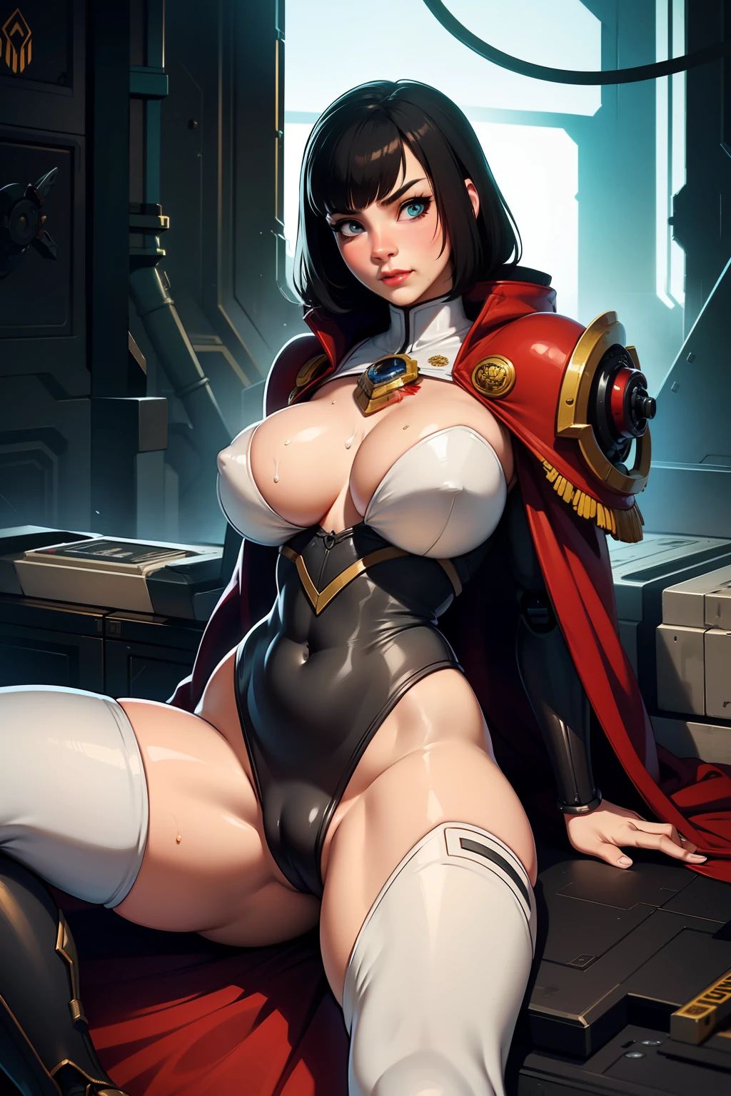 professional artwork, detailed eyes, beautiful eyes, beautiful face, flawless face, gorgeous face, smooth features, large breasts, blush, thick thighs, legs spread apart, beautifully detailed background, bondage, pleasure, pleasured expression, milk leaking from breasts, white liquid splattered everywhere, vaginal penetration, bondage, white liquid on body, sci-fi, science fiction, future, neon lights, cyberpunk, cyborg, cyborg woman, cybernetics, cybernetic, robot, robotic arm, robotic leg, mechanical background, cum, cum in pussy, cum on body, cum on breasts, cum on face, cum everywhere, white liquid, white liquid on breasts, white liquid everywhere, white liquid on body, white liquid on face, warhammer 40k, warhammer 40000, warhammer, games workshop, adeptus mechanicus, techpriest, red robes, black metal, gothic architecture, grimdark, dark background, rust, archeotech, red robe, thick robes, lying on bed, beautiful woman lying on bed, short hair, black hair