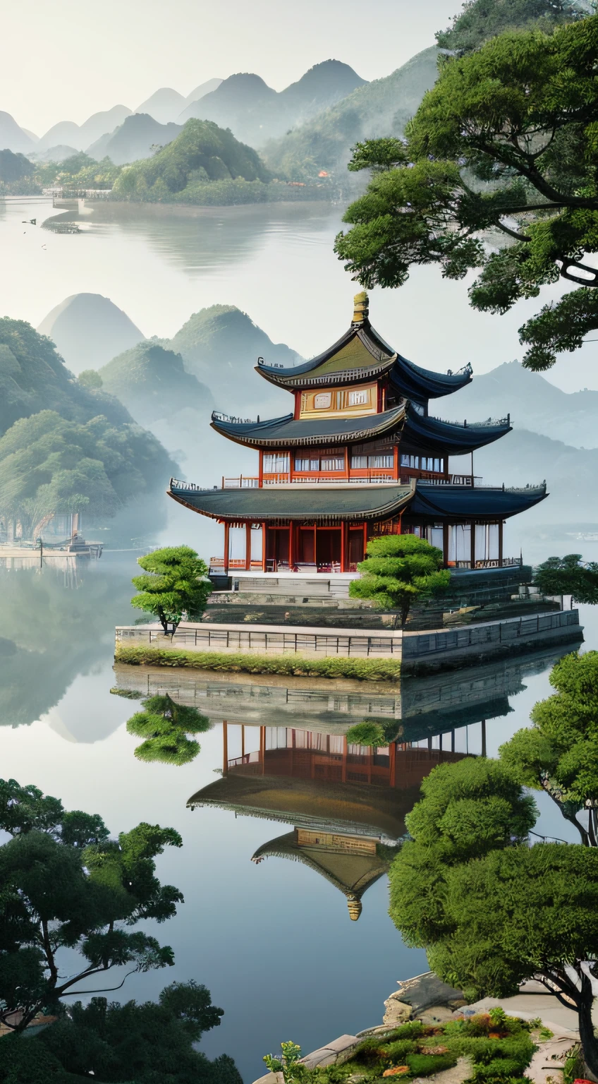 Hangzhou pagoda with ancient Chinese aesthetics,It is surrounded by ancient buildings and temples in the Chinese style,Composed of trees and landscapes,panoramic views and soft light。Chinese landscape,Chinese watercolor style,(Beautiful rendering of the Tang Dynasty+beautiful detailed background:1.3),Floating palace,(Pageant rendering+3D rendering style:0.8),3D stylized scenes,(beautiful landscape rendering+Chinese painting style:0.9),Stylized digital illustration,Camera effects。
