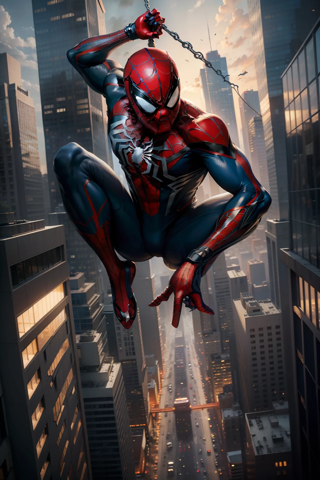 Realistic and ultra-detailed portrait of spider-man swinging in the web between city buildings letting loose web, with realistic lighting, pintura realista, highes definition, obra-prima, cenica