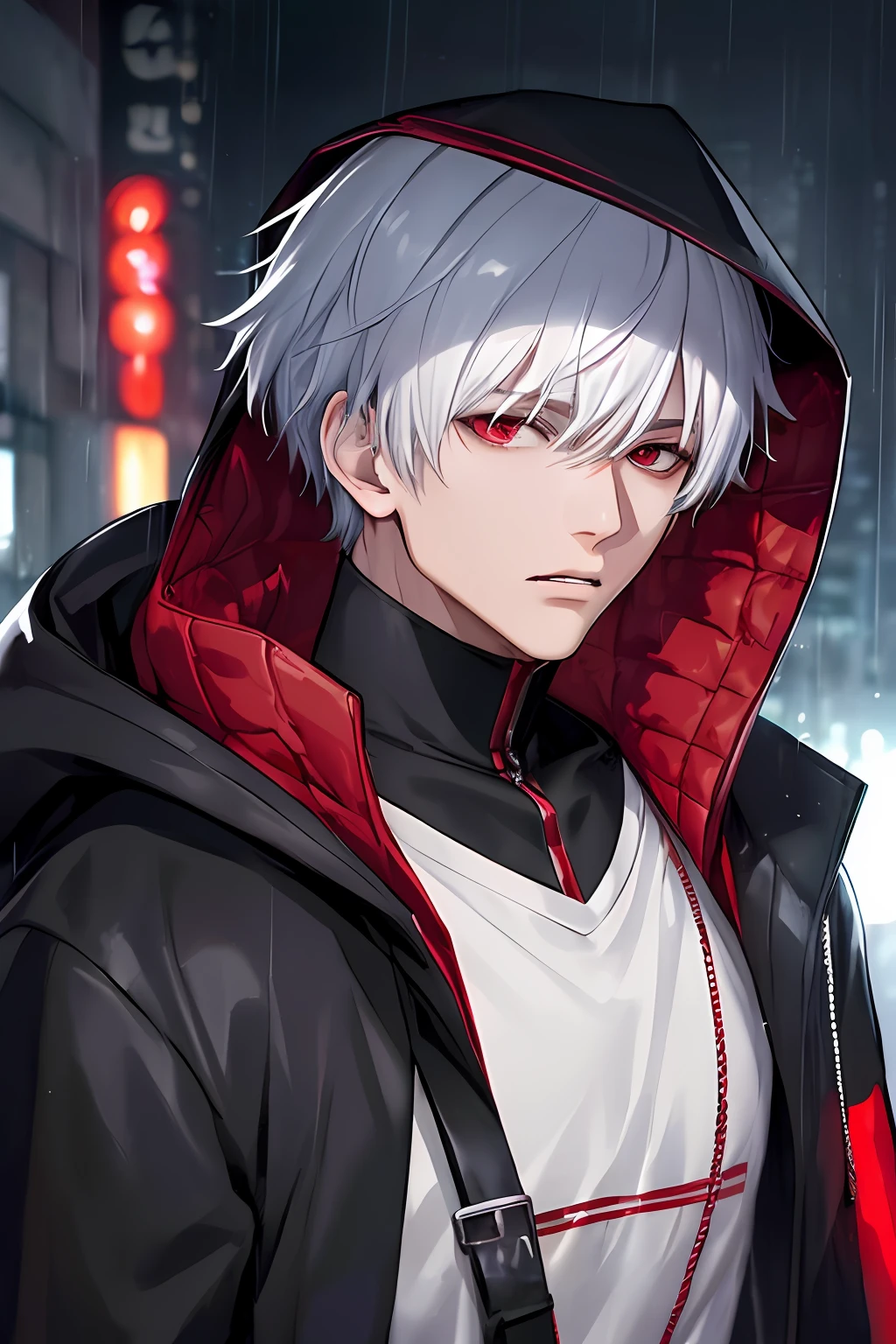 kk, best quality, more details, masterpiece, 1boy, kaneki ken, portrait, male focus, red eyes, solo, bangs, looking at viewer, hood, short hair, rain, tokyo tokyo \(city\), hood up, nail polish, white hair, luxurious, 8k, detailed, ray tracing, depth of field, cinematic lighting,