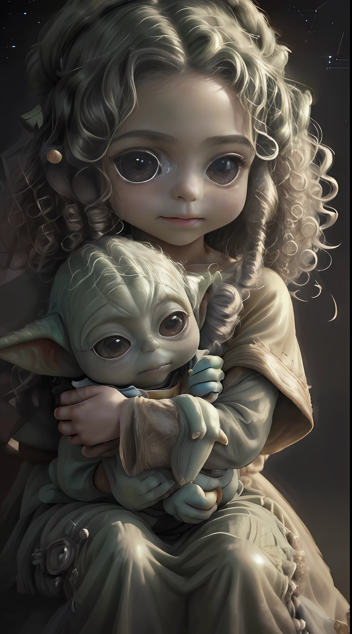 um desenho 3D, ((a beautiful  human girl with curly hair holding a baby_Yodah on his lap), Arte Digital, extremely high-resolution, Very detailed, melhor qualidade, obra prima, arte conceitual, guerra nas estrelas, artstation, CGI_Animation.