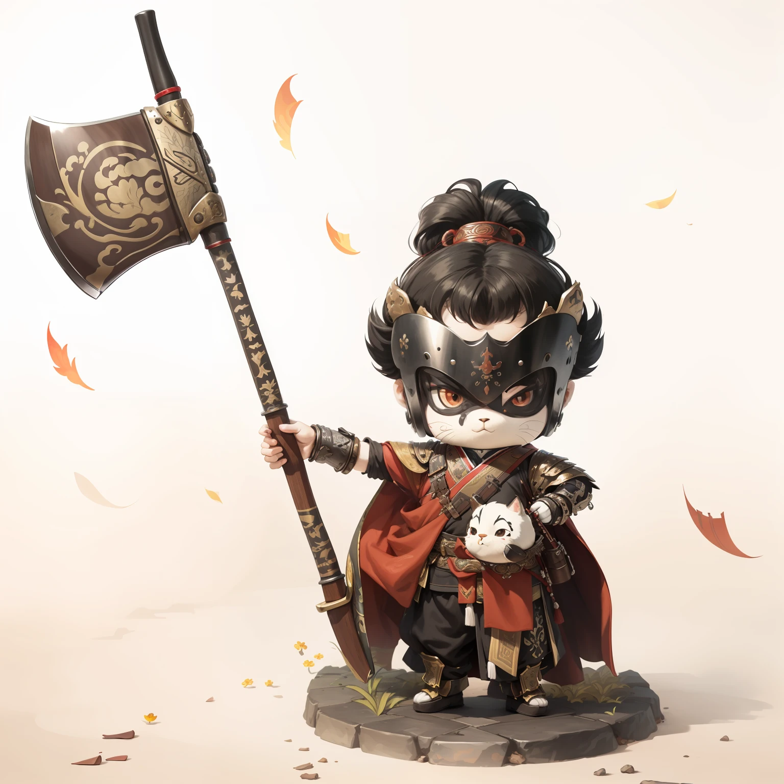 male people,Male characters,tchibi,Bad,Arms,Axe weapons,Ancient Chinese weapons,The handle has a delicate pattern,Shoulder blades,metal breastplate,chainmail,Animal pattern cuirass,chest plate,Bracers,Flowing hem,China-style,Chinese-style clothing,Chinese shoes,There are beautiful patterns on the weapon grips,Refinement,Fine painting,Refinement,infinite details,high definition detail,Patterned,Pattern,Blank background,Bright colors,Metal edging
